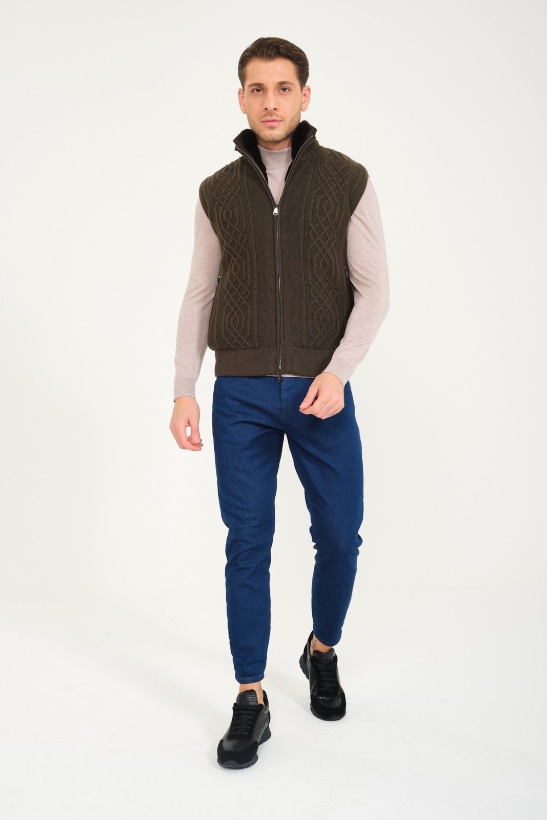 Khaki Wool & Rex Fur Knit Vest - ADAMO