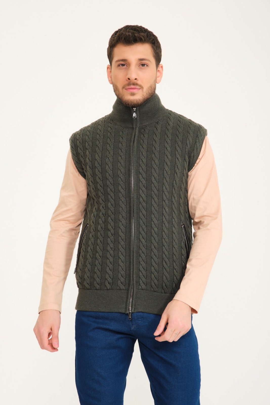 Khaki Wool & Rex Fur Knit Vest - ADAMO