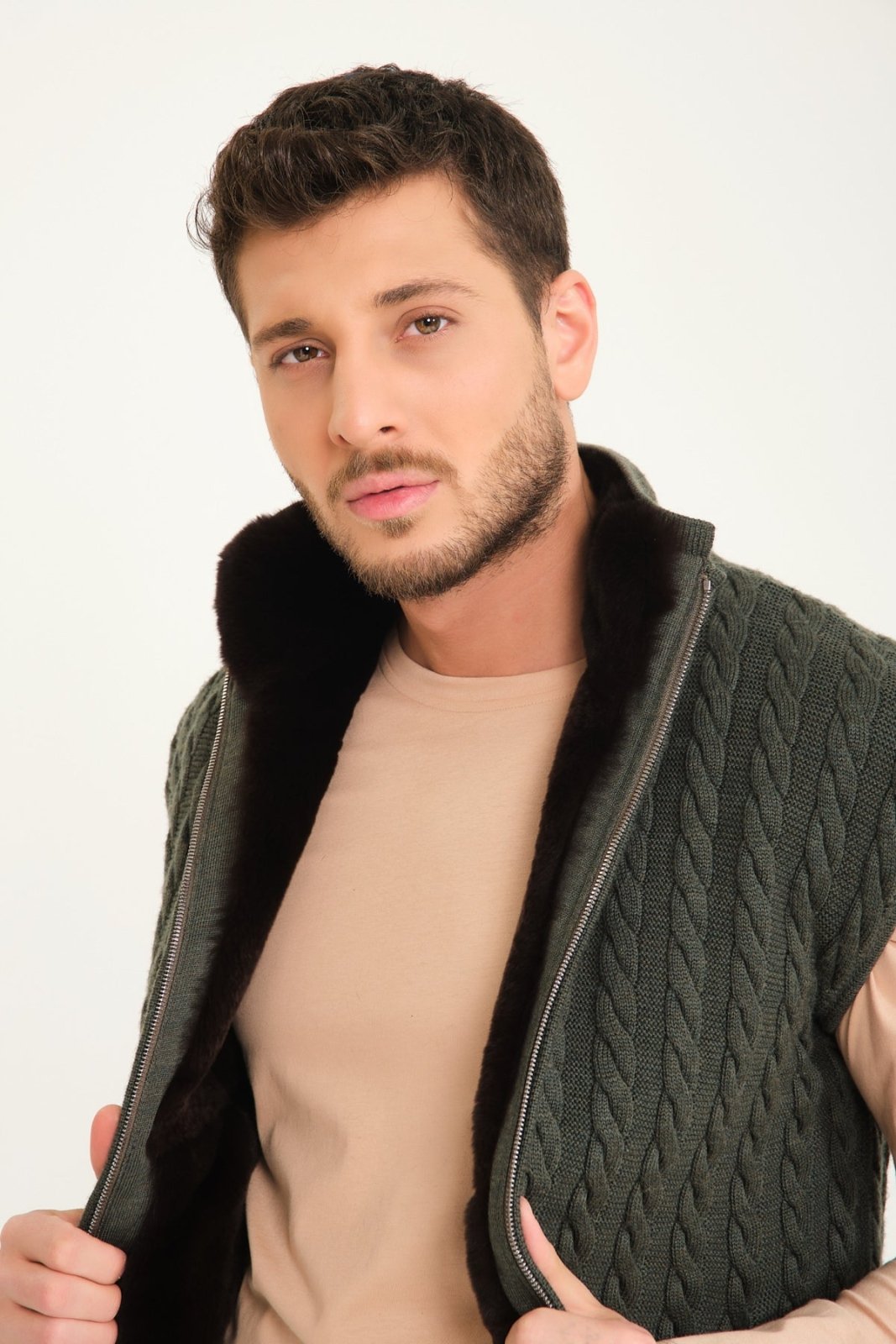 Khaki Wool & Rex Fur Knit Vest - ADAMO