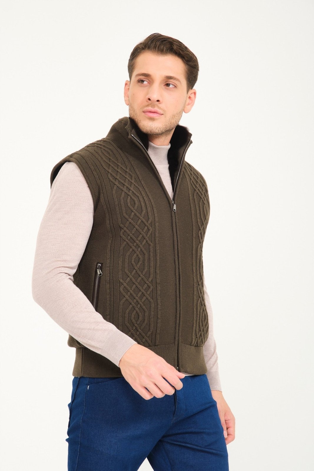 Khaki Wool & Rex Fur Knit Vest - ADAMO