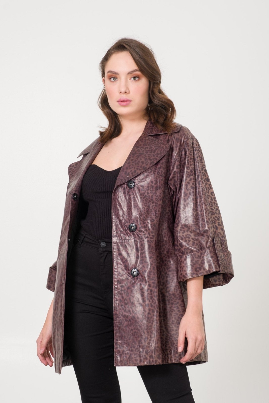 Leopard Pattern Leather Coat - ADAMO