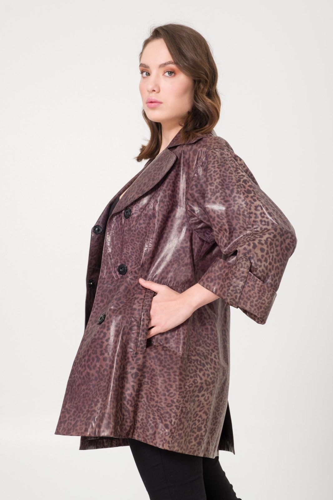 Leopard Pattern Leather Coat - ADAMO