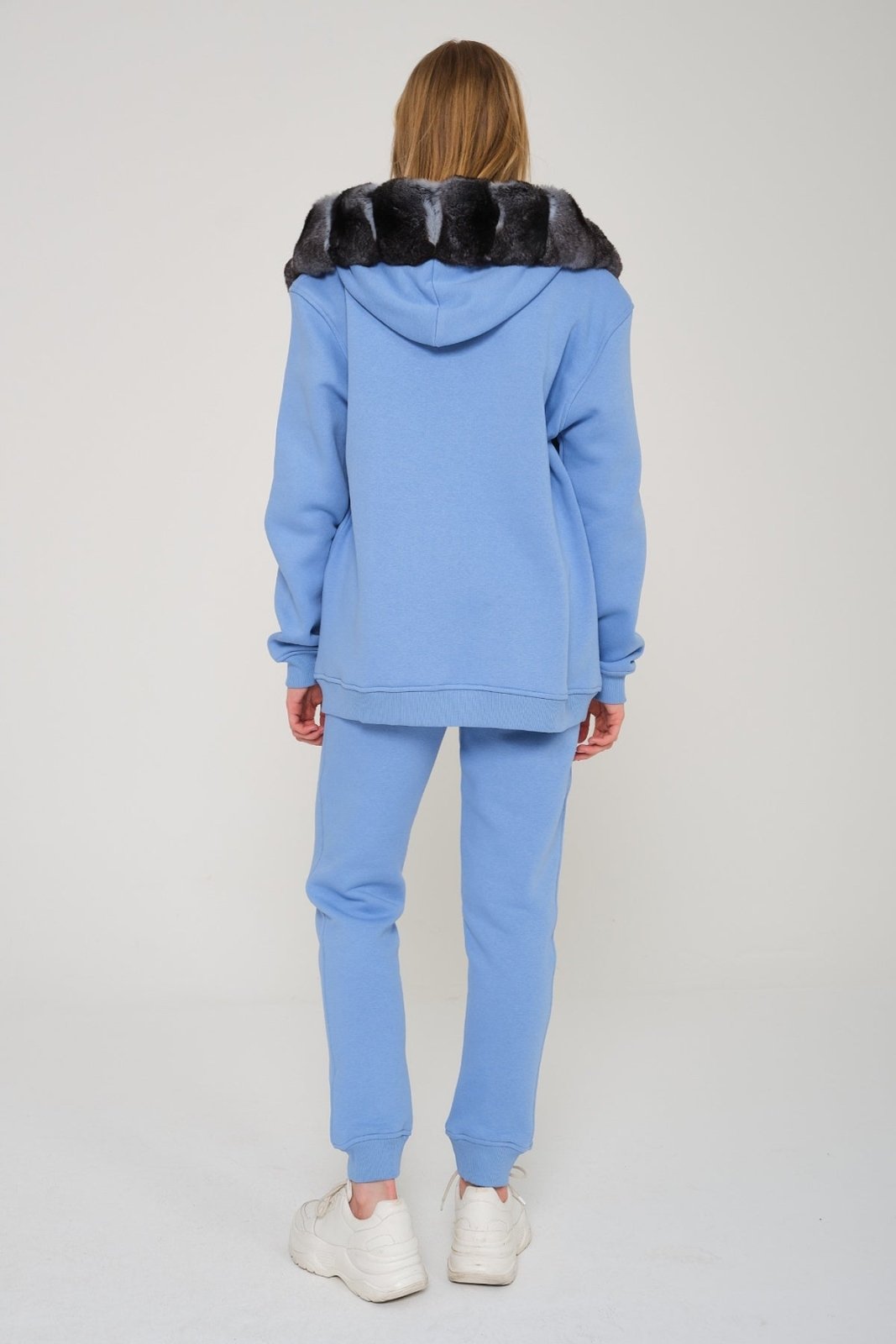 Light Blue Chinchilla Fur Zipped Hoodie & Jogger Set - ADAMO