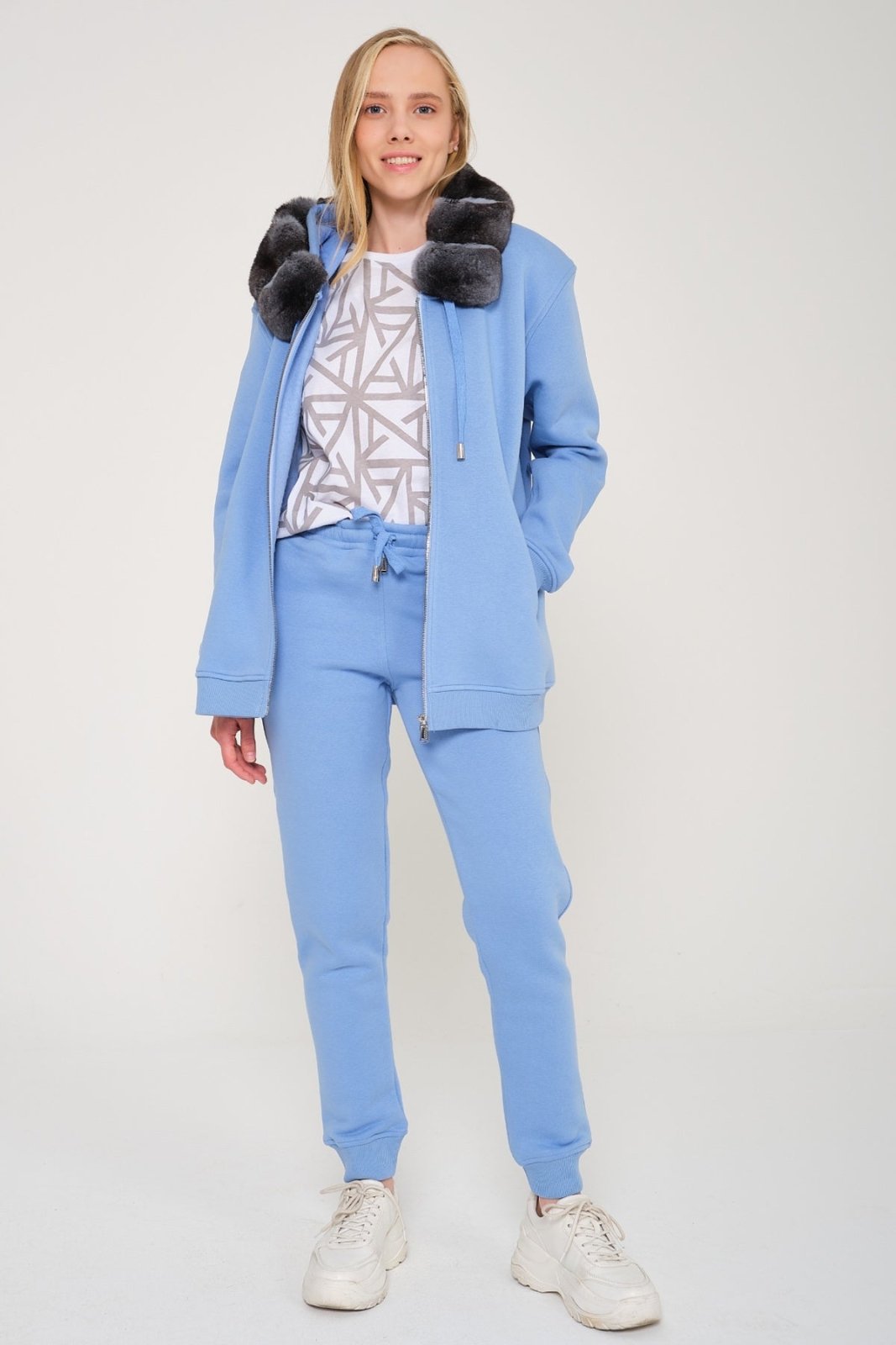 Light Blue Chinchilla Fur Zipped Hoodie & Jogger Set - ADAMO