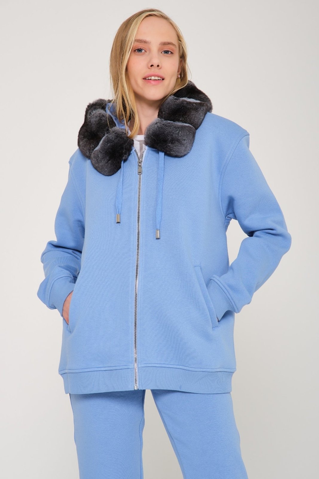 Light Blue Chinchilla Fur Zipped Hoodie & Jogger Set - ADAMO