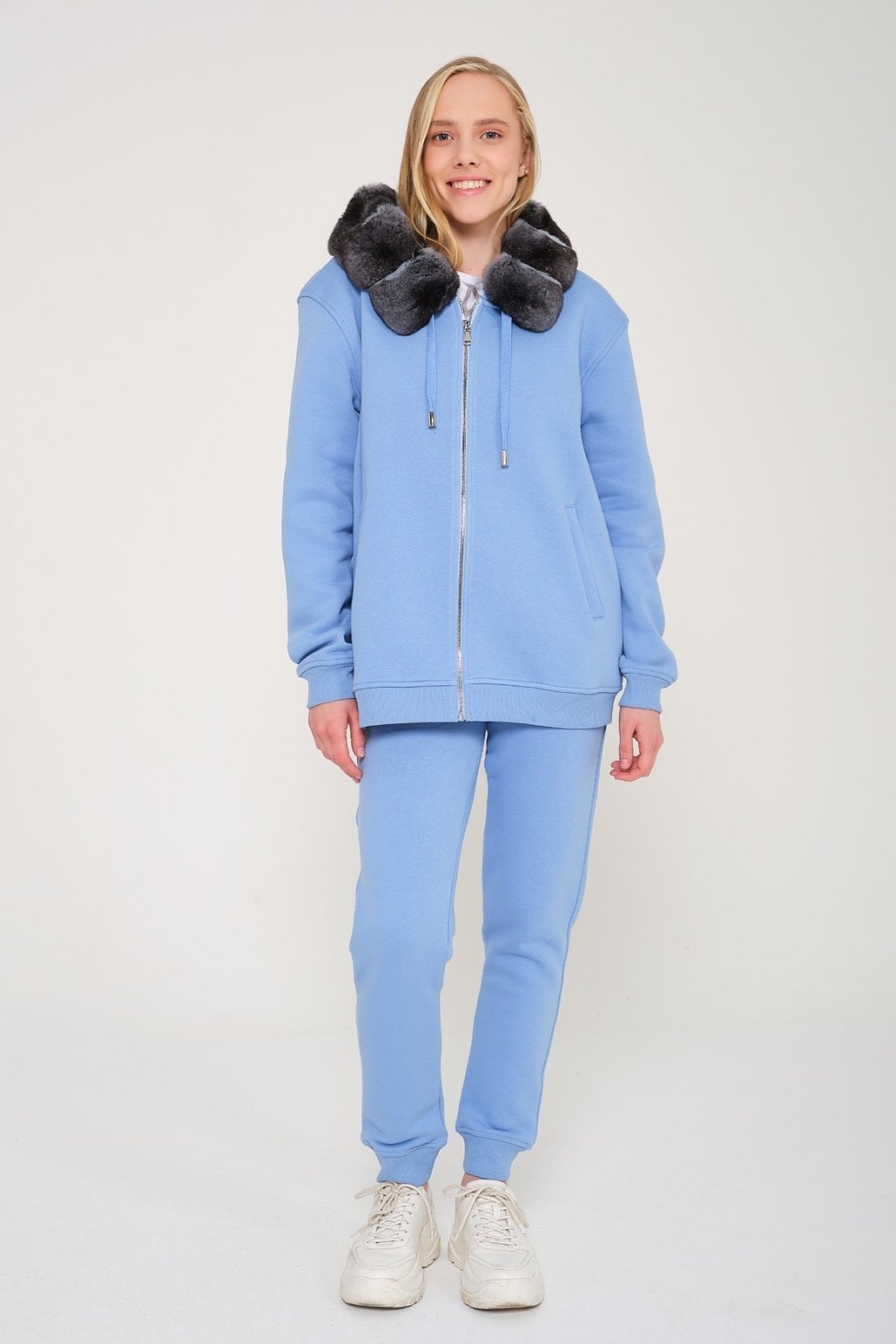 Light Blue Chinchilla Fur Zipped Hoodie & Jogger Set - ADAMO