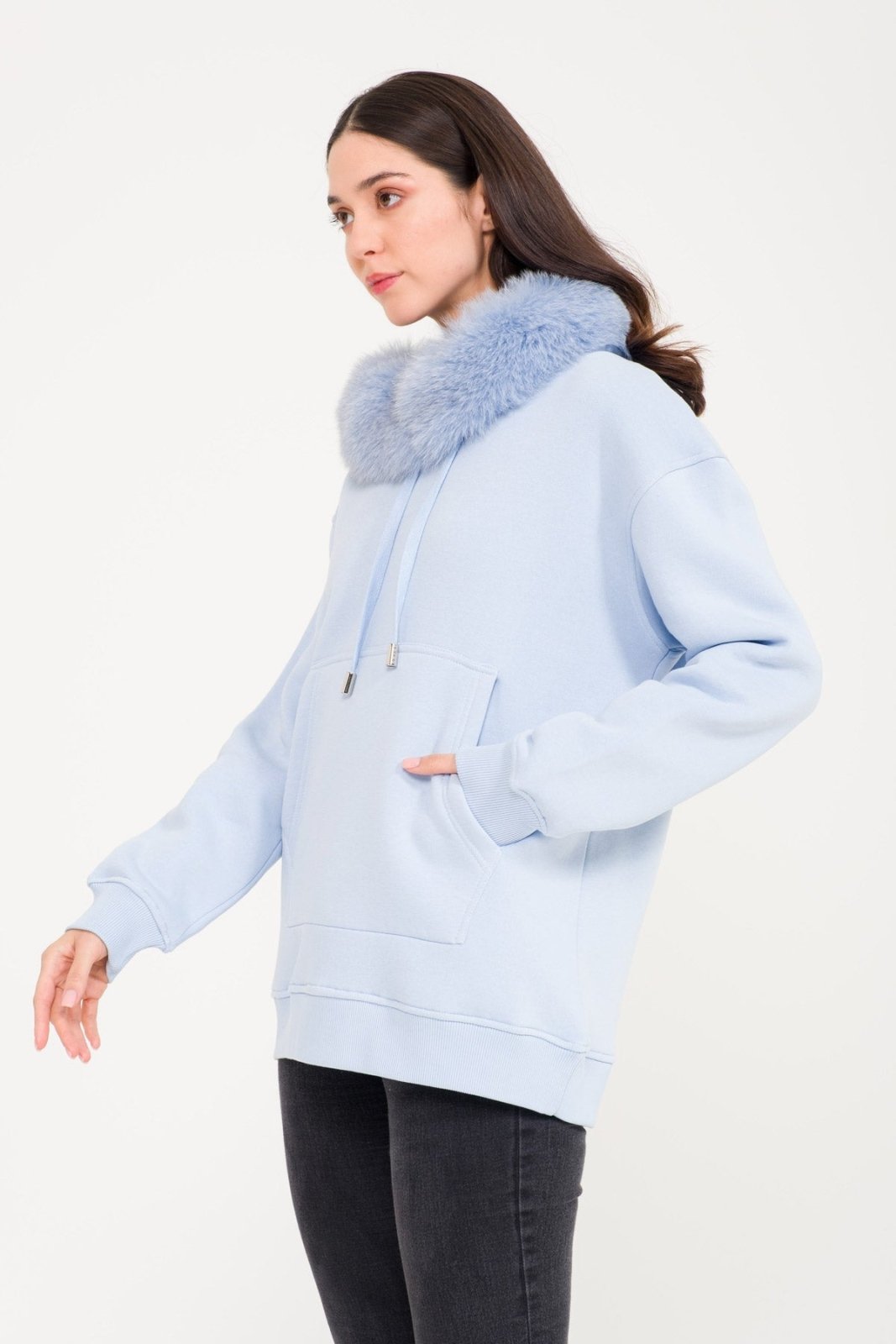 Light Blue Fox Fur Lined Hoodie - ADAMO