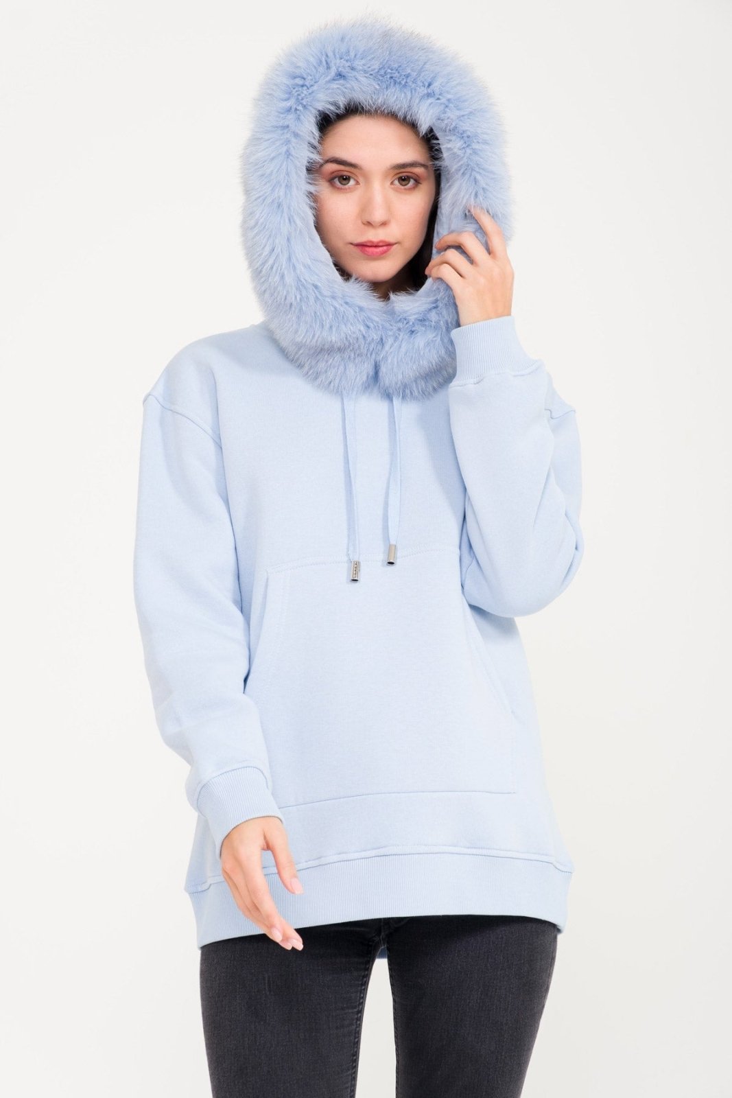 Light Blue Fox Fur Lined Hoodie - ADAMO