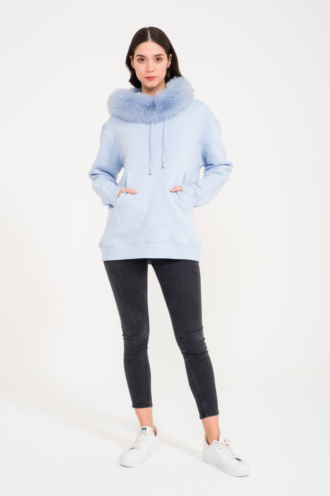 Light Blue Fox Fur Lined Hoodie - ADAMO