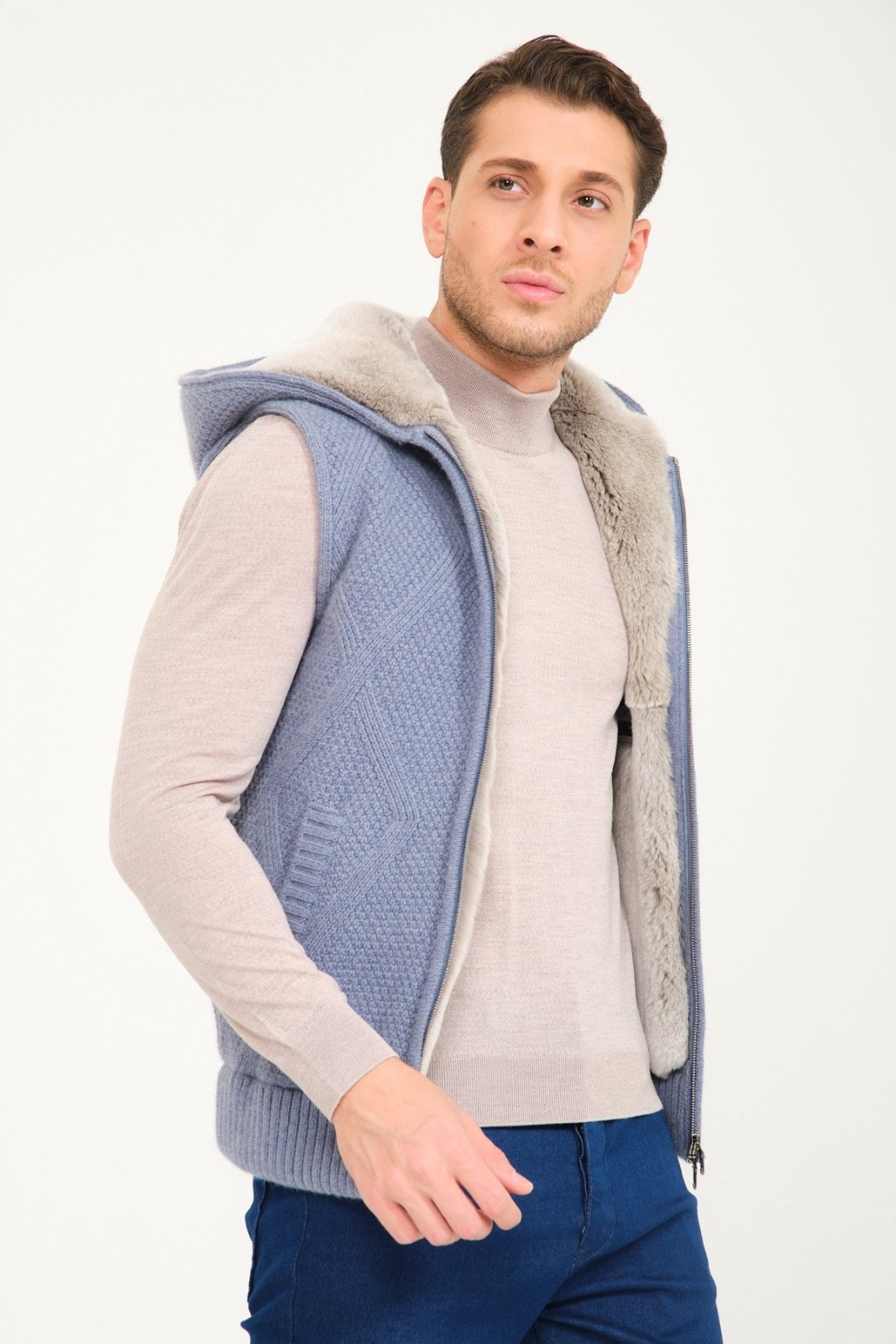 Light Blue Wool & Rex Fur Knit Hooded Vest - ADAMO