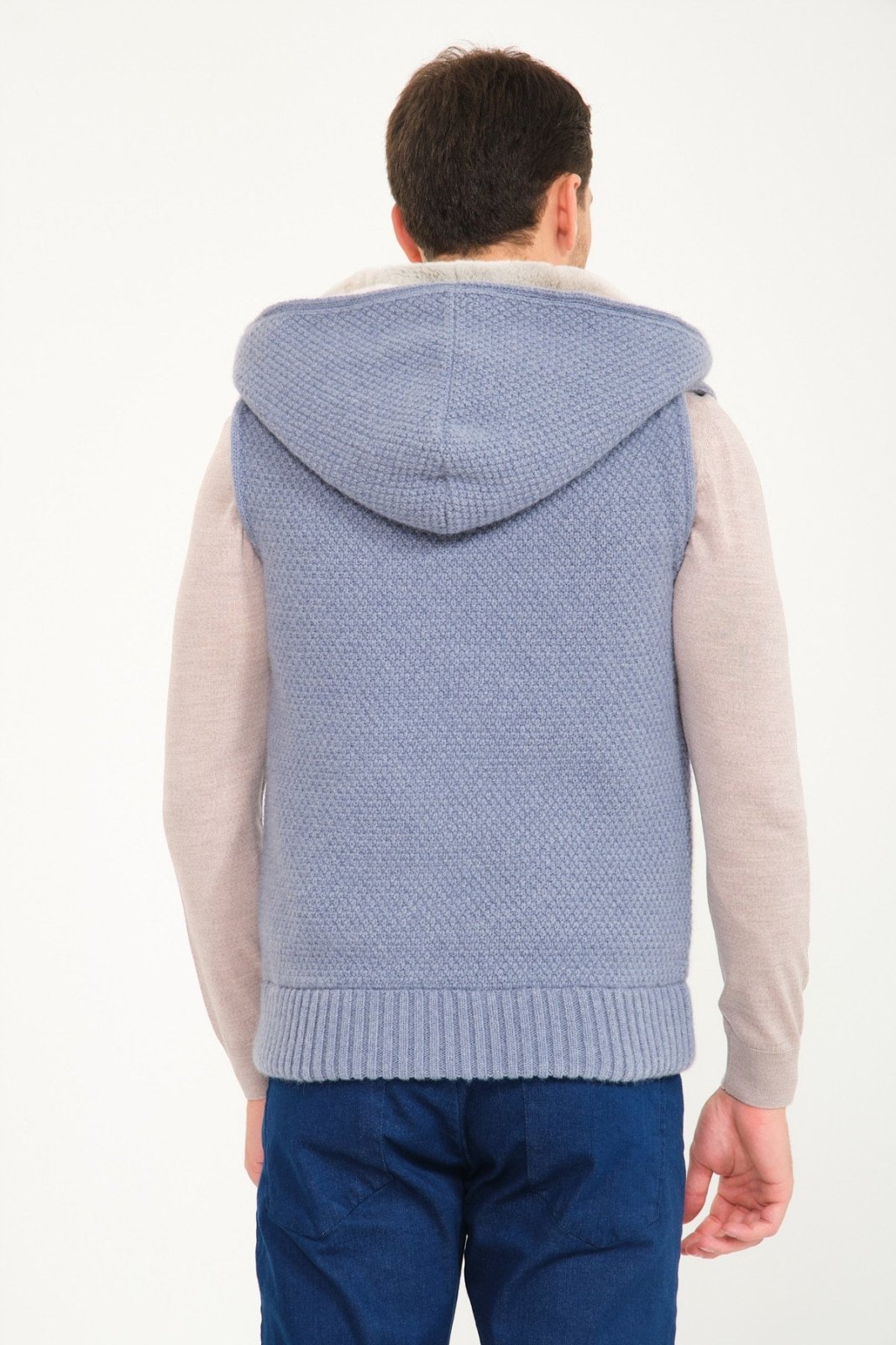 Light Blue Wool & Rex Fur Knit Hooded Vest - ADAMO