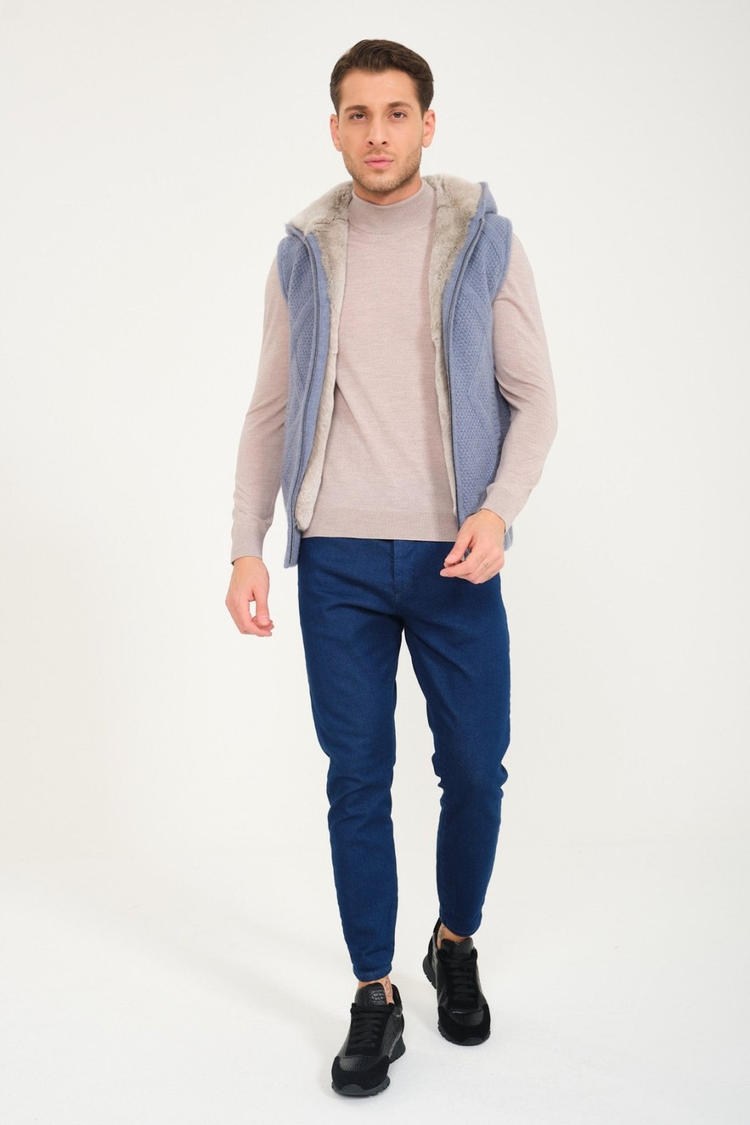 Light Blue Wool & Rex Fur Knit Hooded Vest - ADAMO