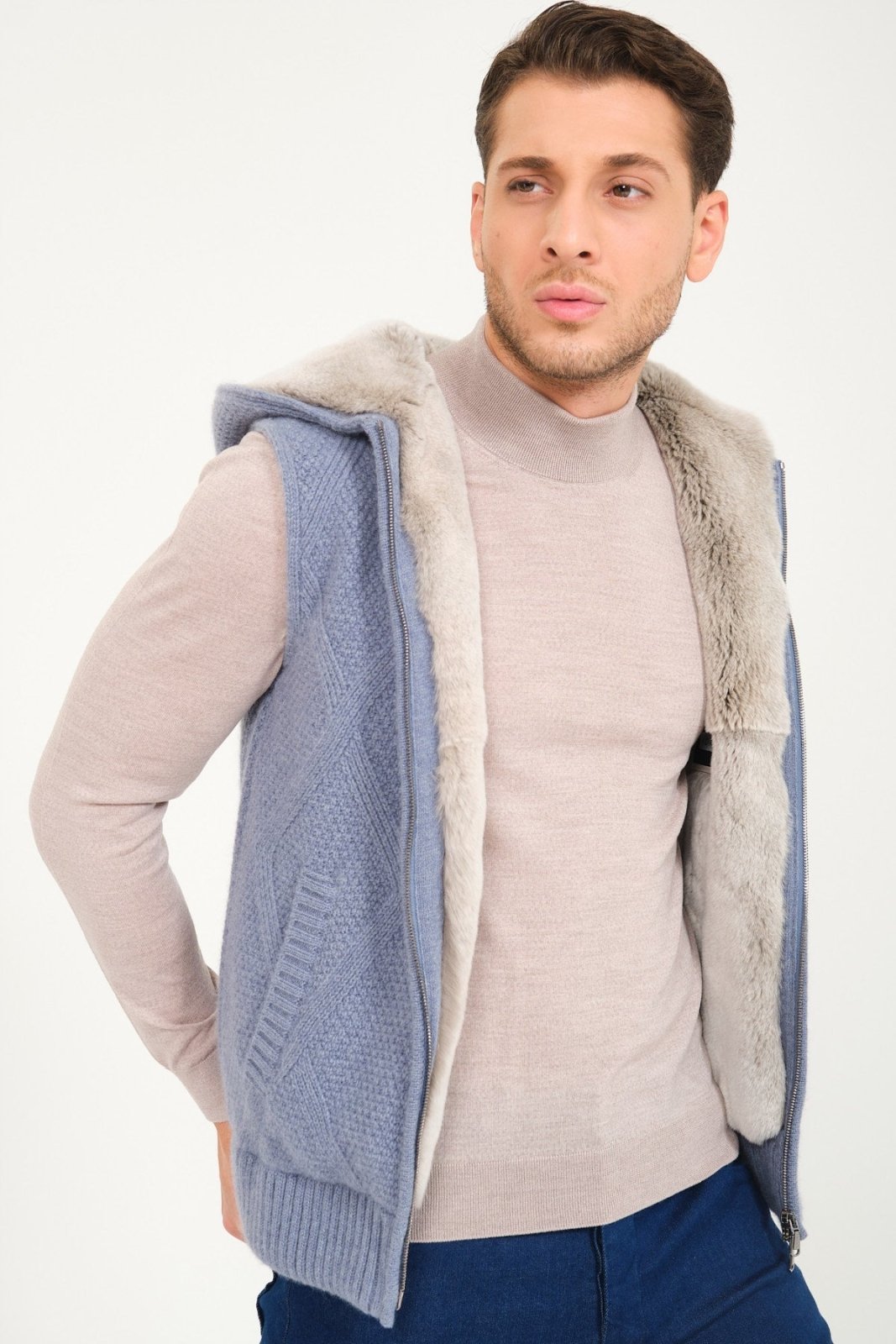 Light Blue Wool & Rex Fur Knit Hooded Vest - ADAMO