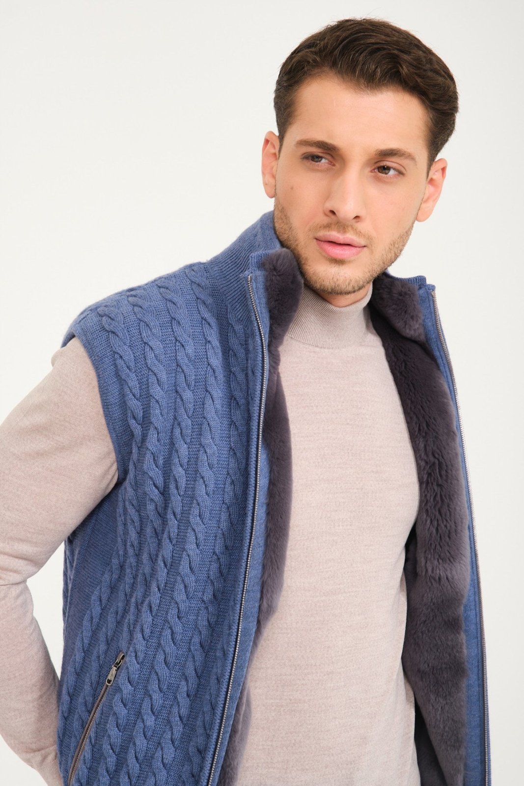 Light Blue Wool & Rex Fur Knit Vest - ADAMO