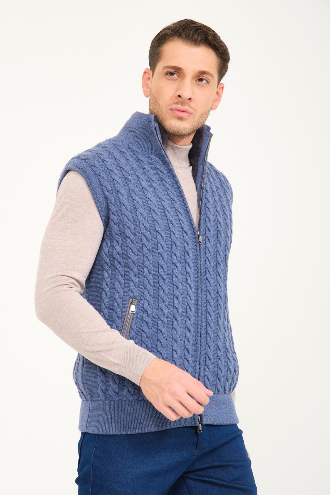 Light Blue Wool & Rex Fur Knit Vest - ADAMO