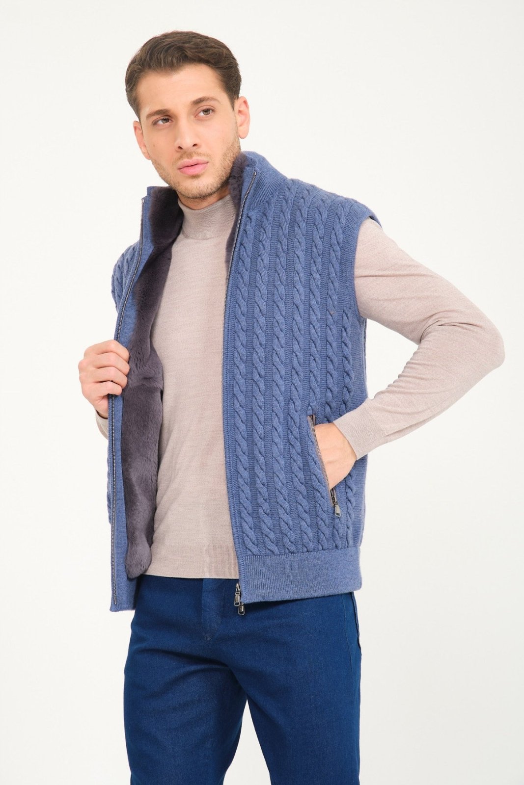 Light Blue Wool & Rex Fur Knit Vest - ADAMO