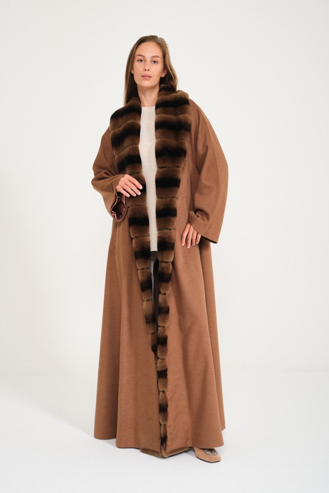 Light Brown Wool Rex Fur Abaya - ADAMO