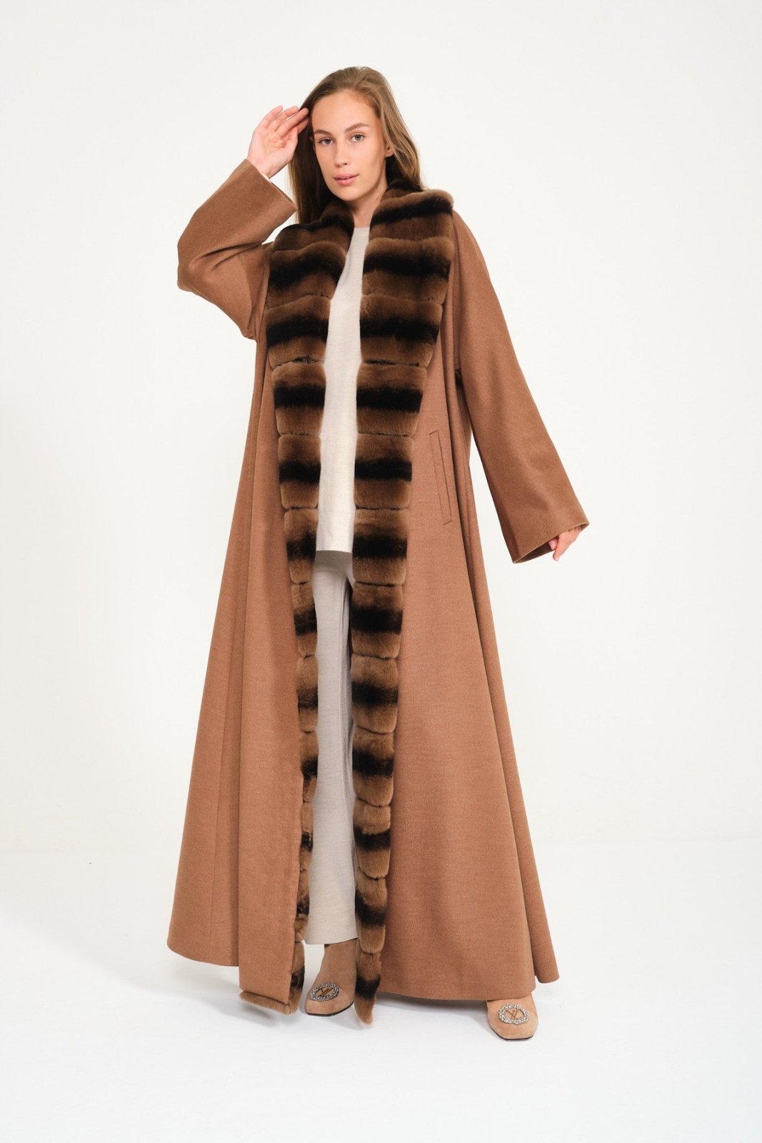 Light Brown Wool Rex Fur Abaya - ADAMO