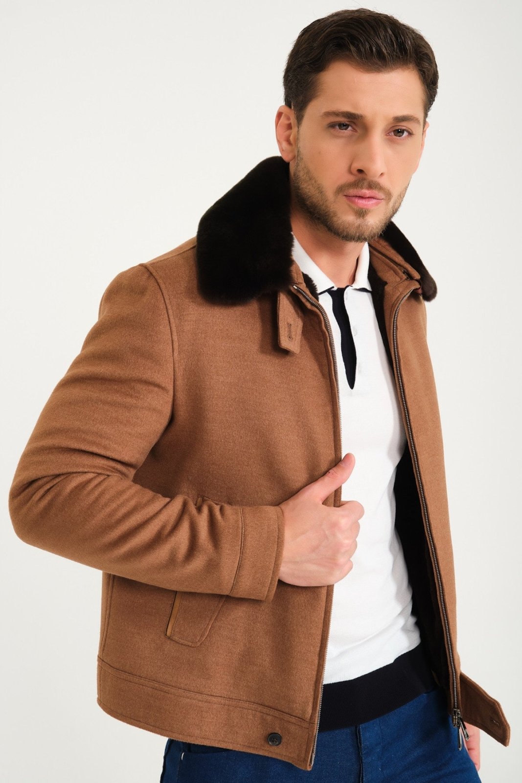 Light Brown Wool & Rex Fur Coat - ADAMO