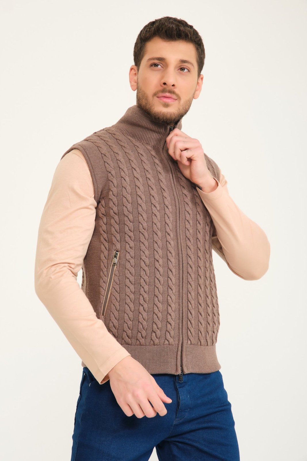 Light Brown Wool & Rex Fur Knit Vest - ADAMO