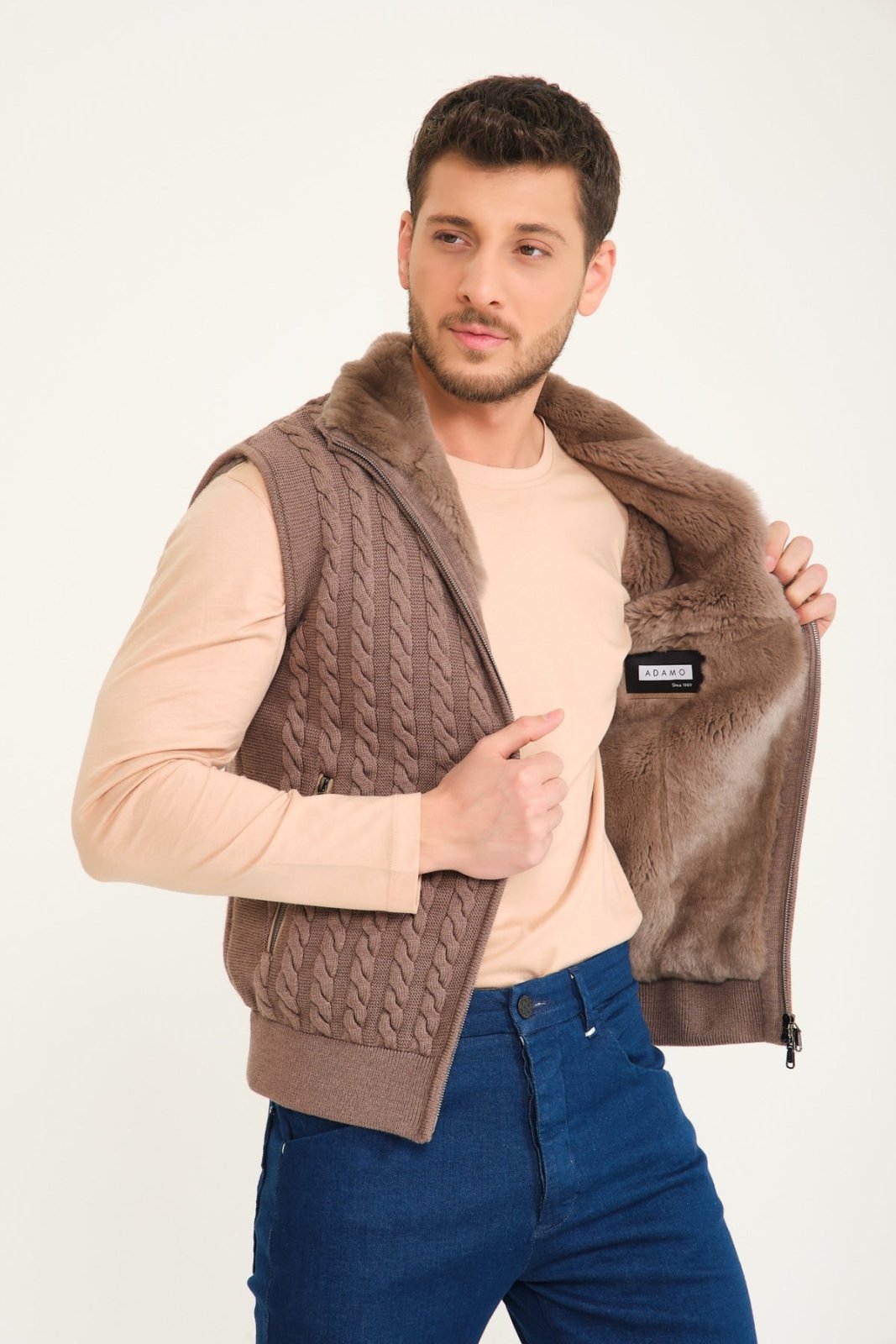 Light Brown Wool & Rex Fur Knit Vest - ADAMO