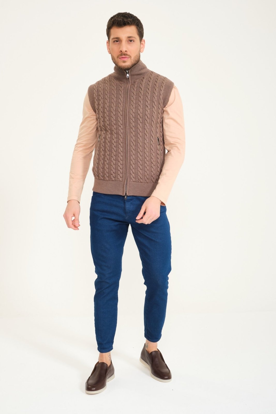 Light Brown Wool & Rex Fur Knit Vest - ADAMO