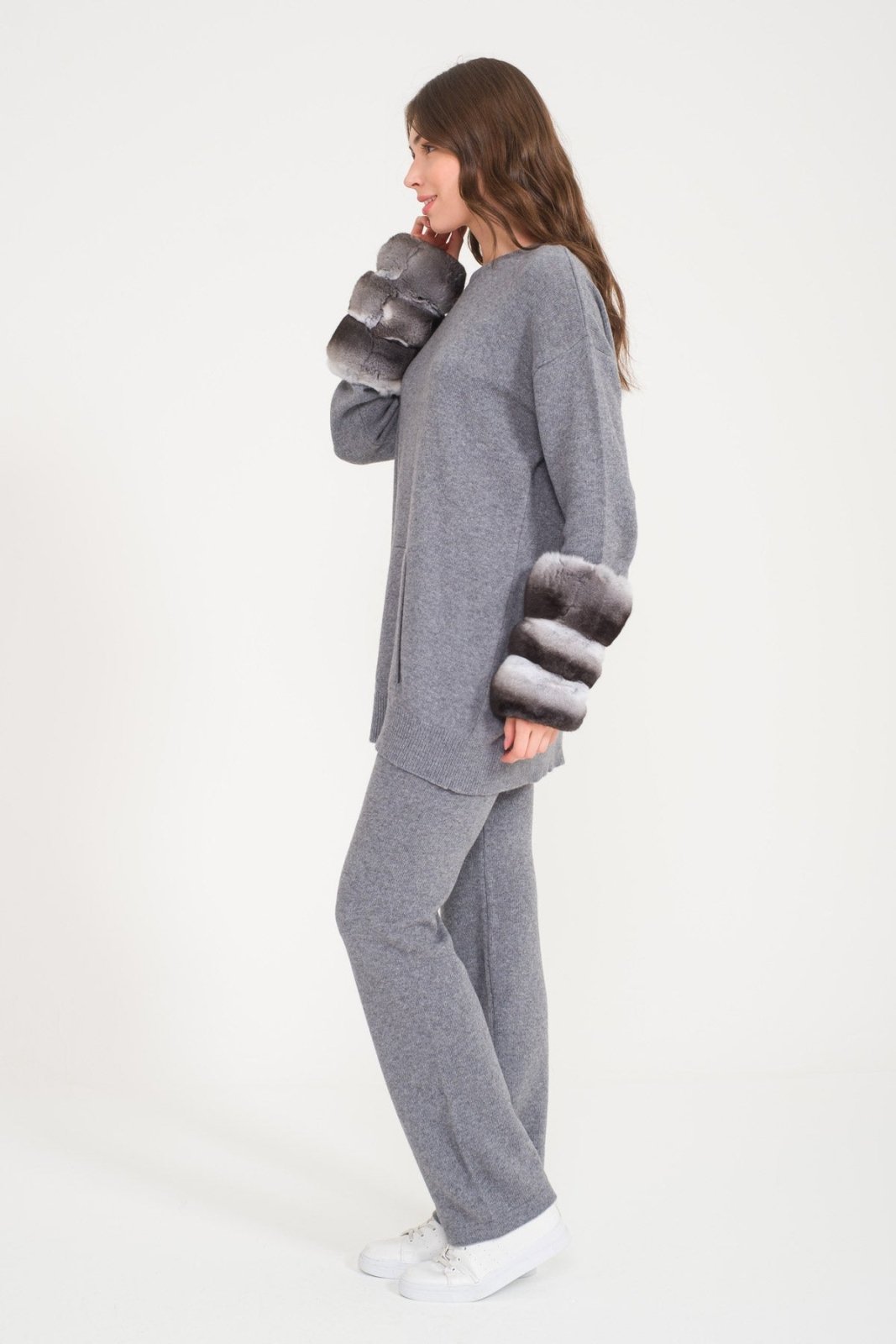 Light Grey Chinchilla Fur Lined Knit Set - ADAMO