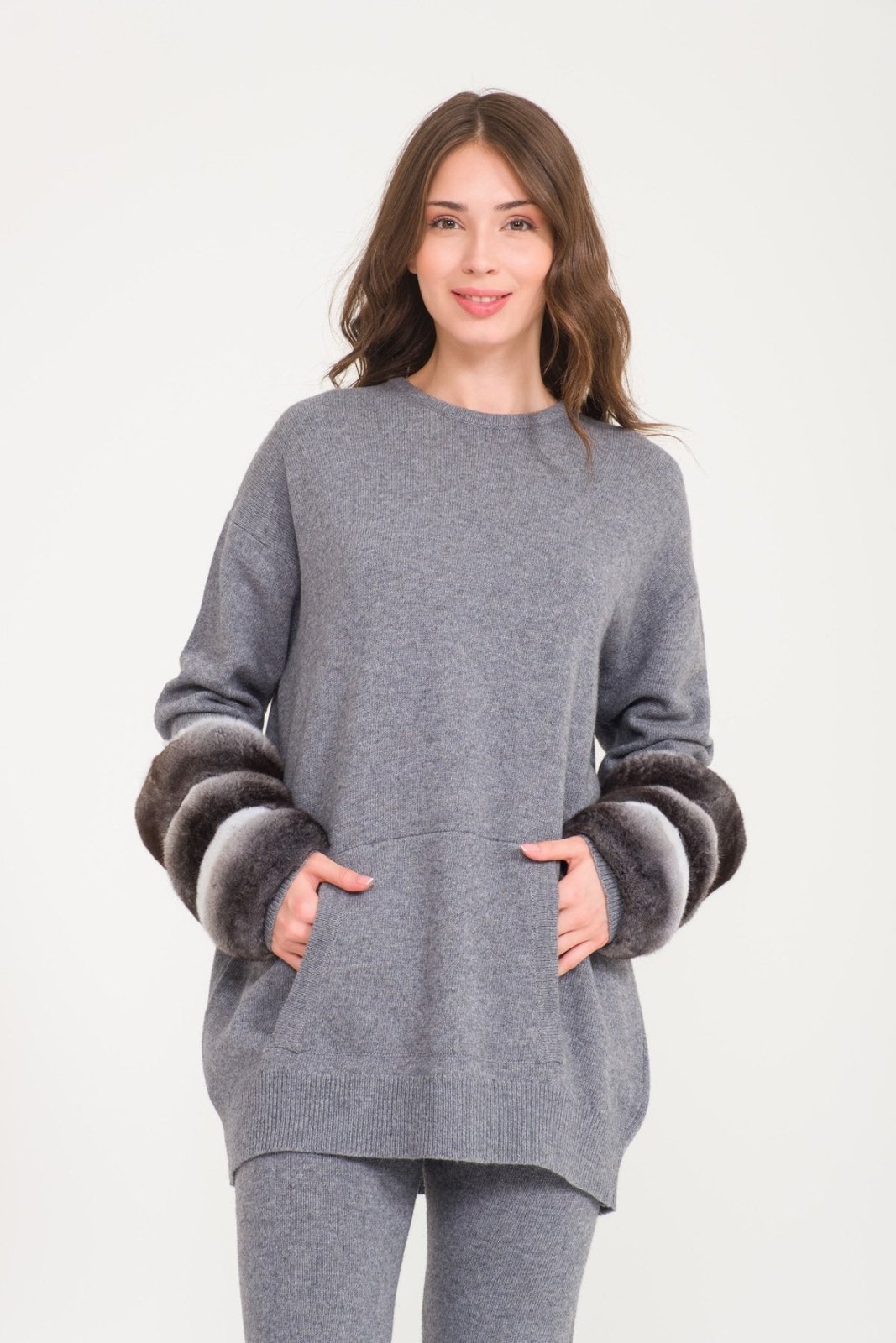 Light Grey Chinchilla Fur Lined Knit Set - ADAMO