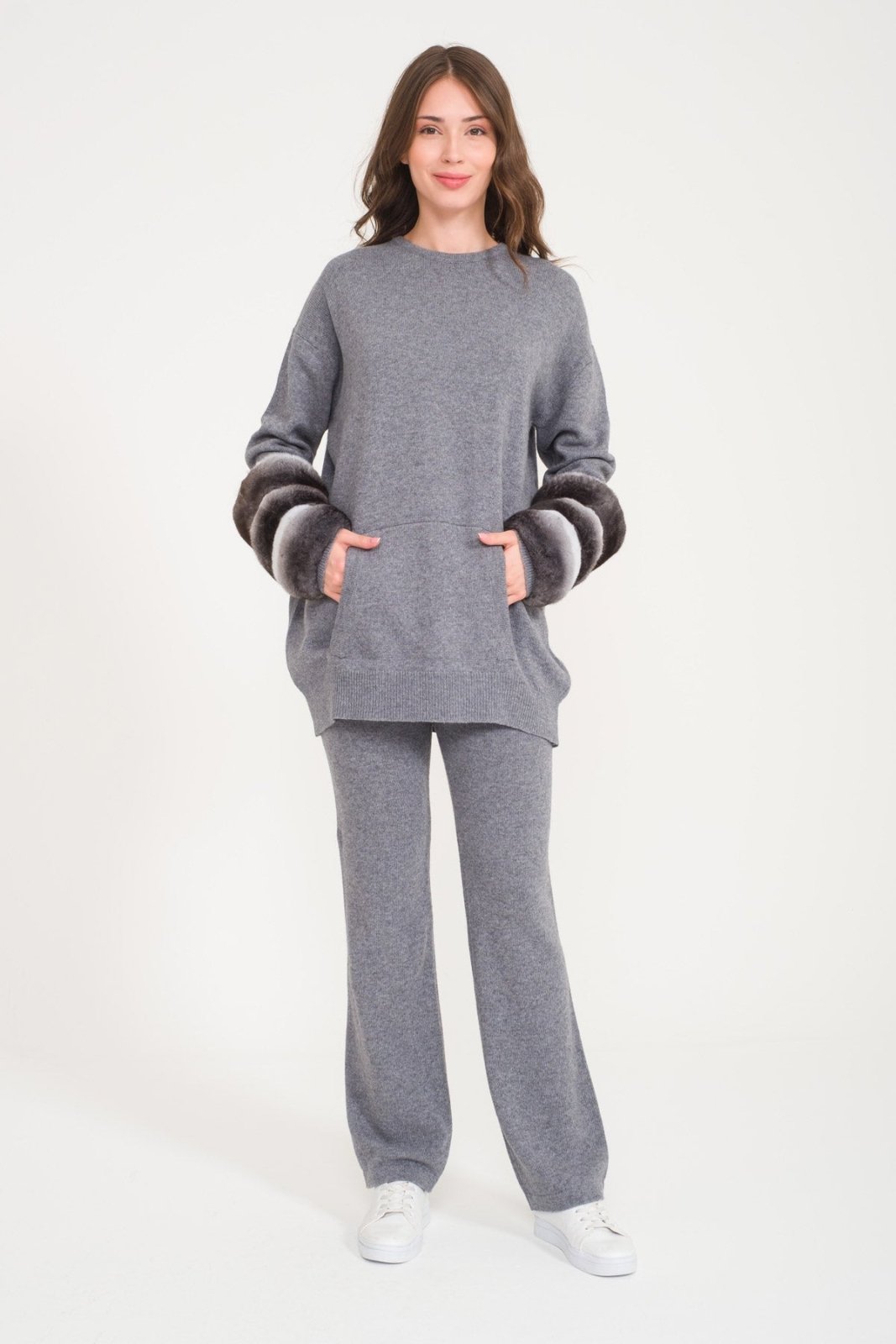 Light Grey Chinchilla Fur Lined Knit Set - ADAMO