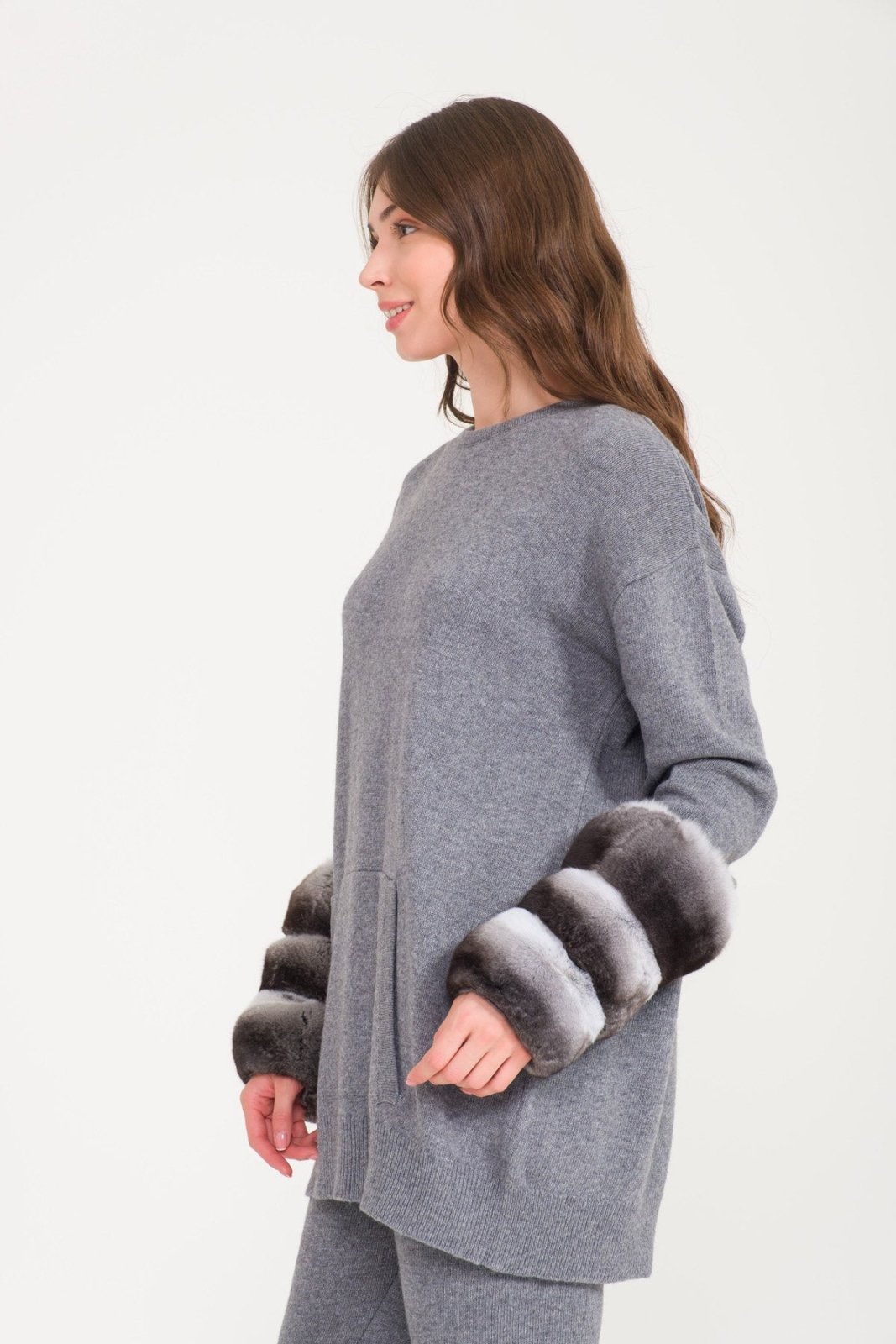 Light Grey Chinchilla Fur Lined Knit Set - ADAMO