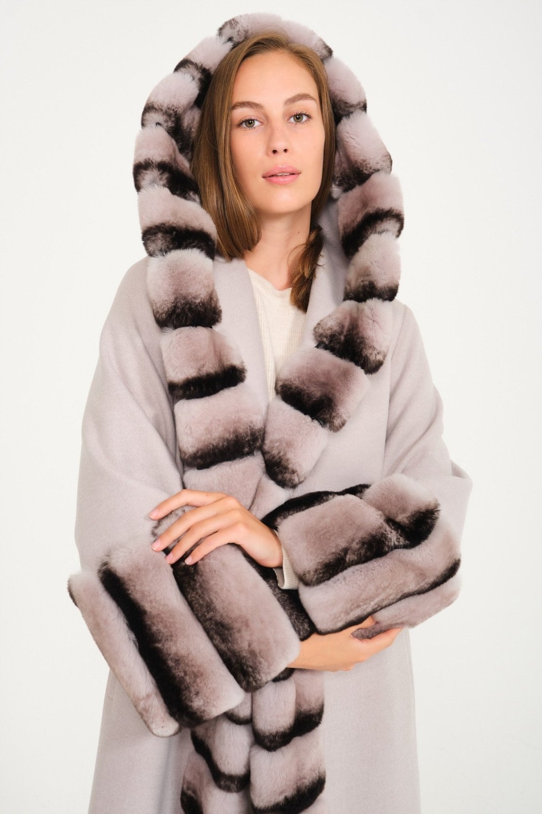 Light Grey Hooded Wool Rex Fur Abaya - ADAMO