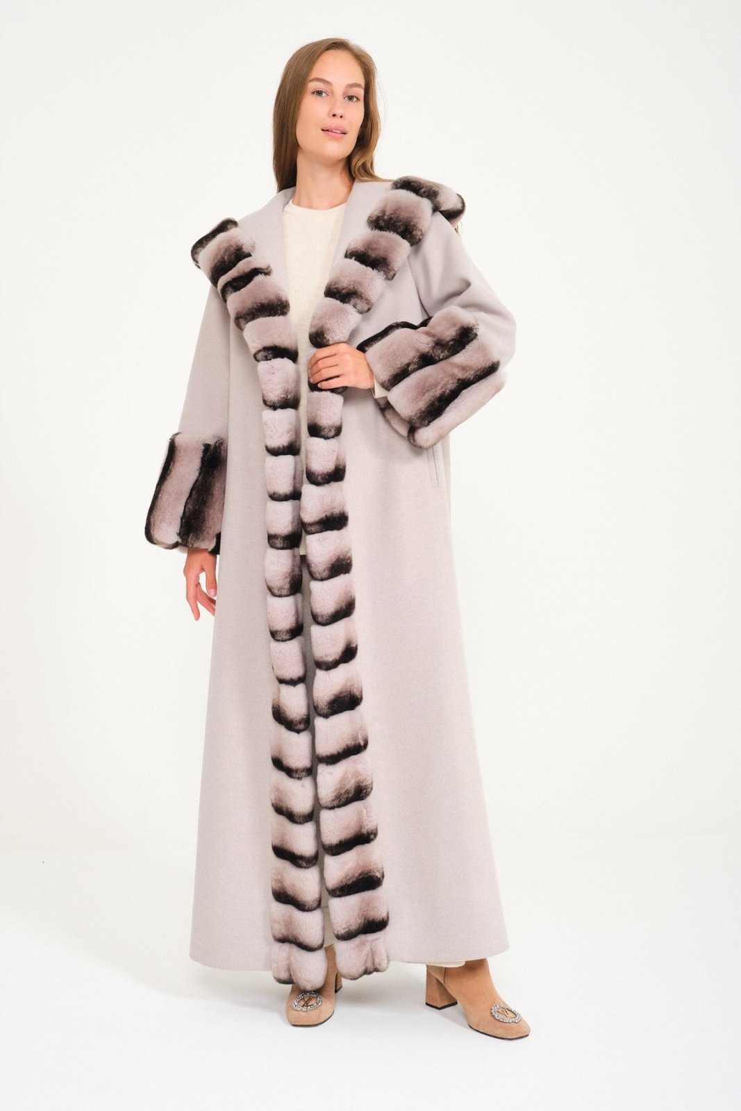 Light Grey Hooded Wool Rex Fur Abaya - ADAMO