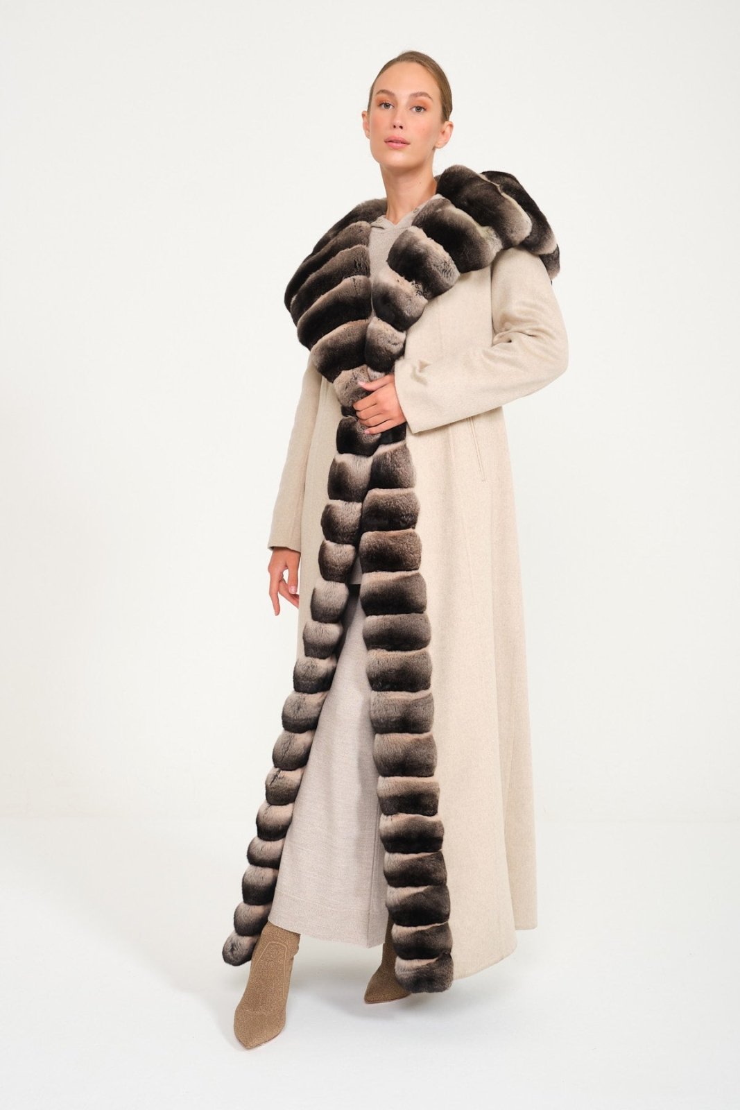 Light Grey / Sand Beige Double Face Cashmere Chinchilla Fur Abaya - ADAMO