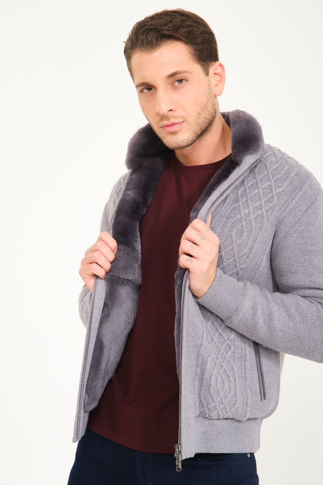 Light Grey Wool & Rex Fur Knit Cardigan - ADAMO