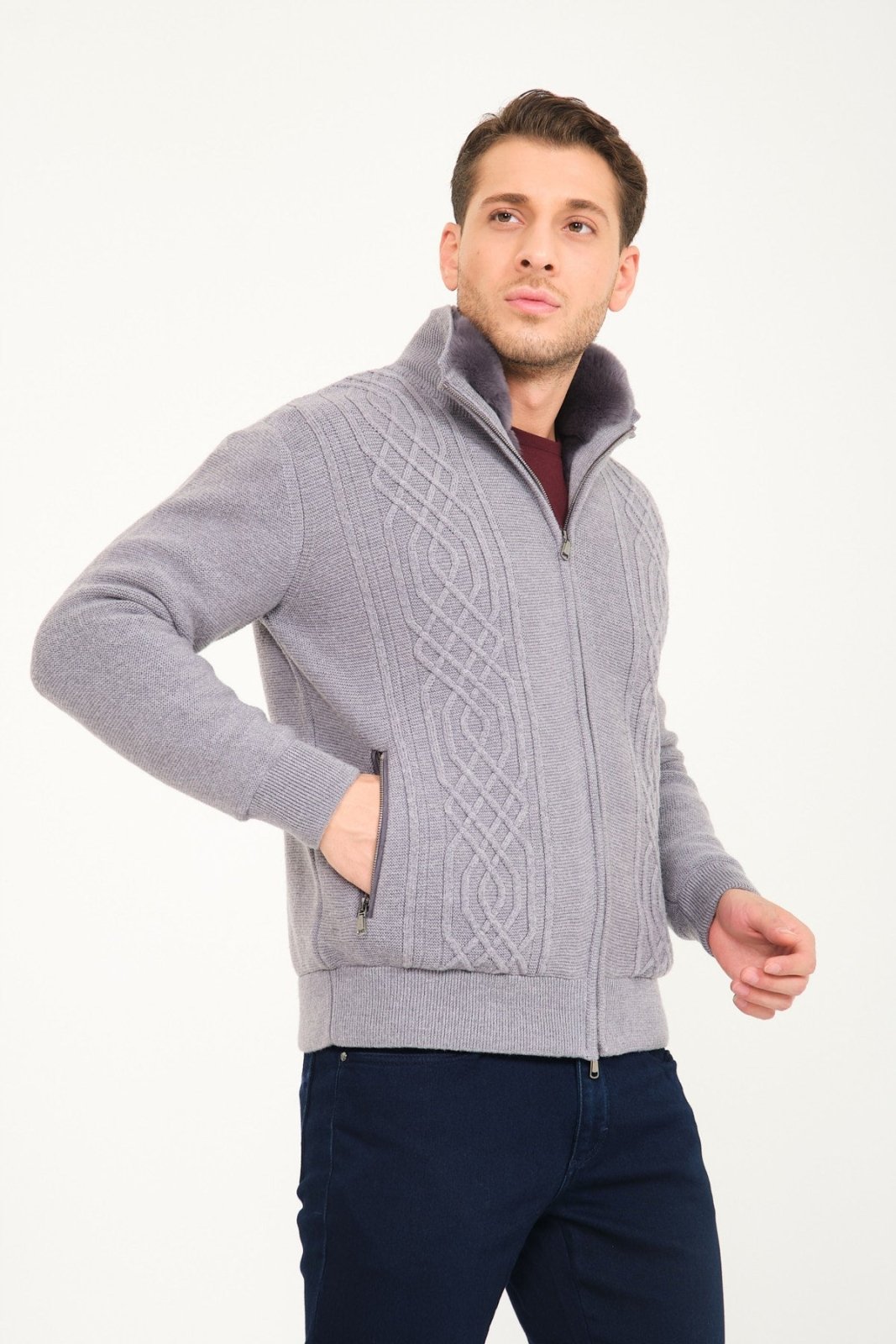 Light Grey Wool & Rex Fur Knit Cardigan - ADAMO