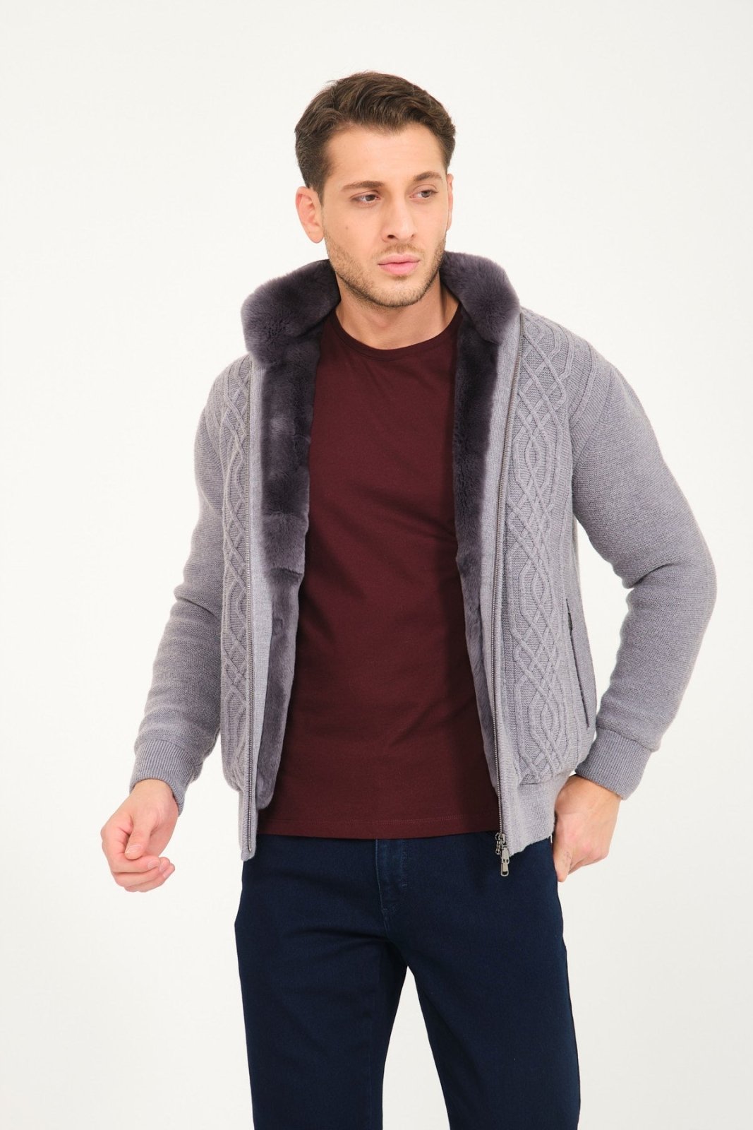 Light Grey Wool & Rex Fur Knit Cardigan - ADAMO