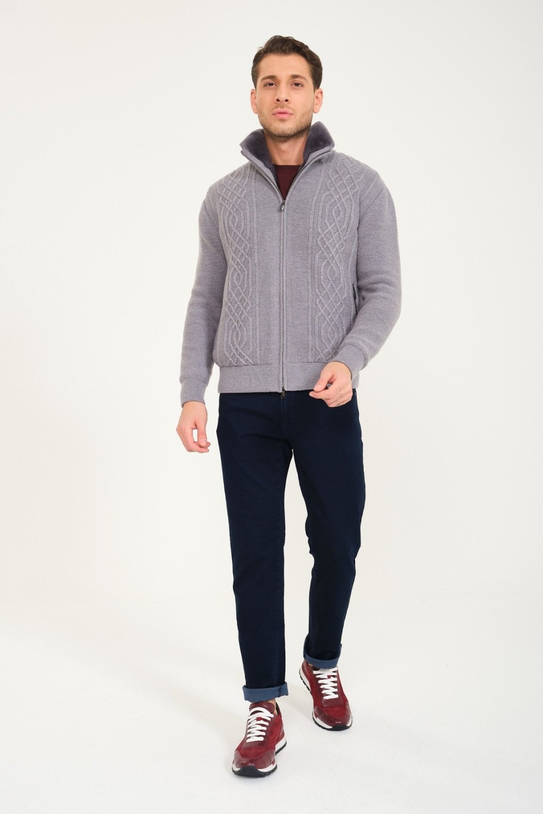 Light Grey Wool & Rex Fur Knit Cardigan - ADAMO