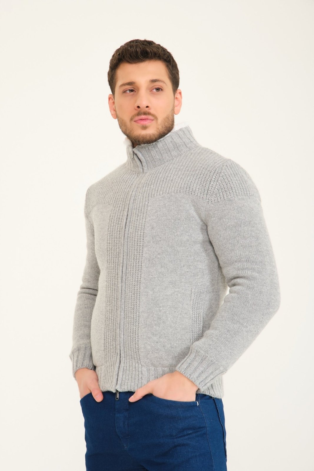 Light Grey Wool & Rex Fur Knit Jacket - ADAMO