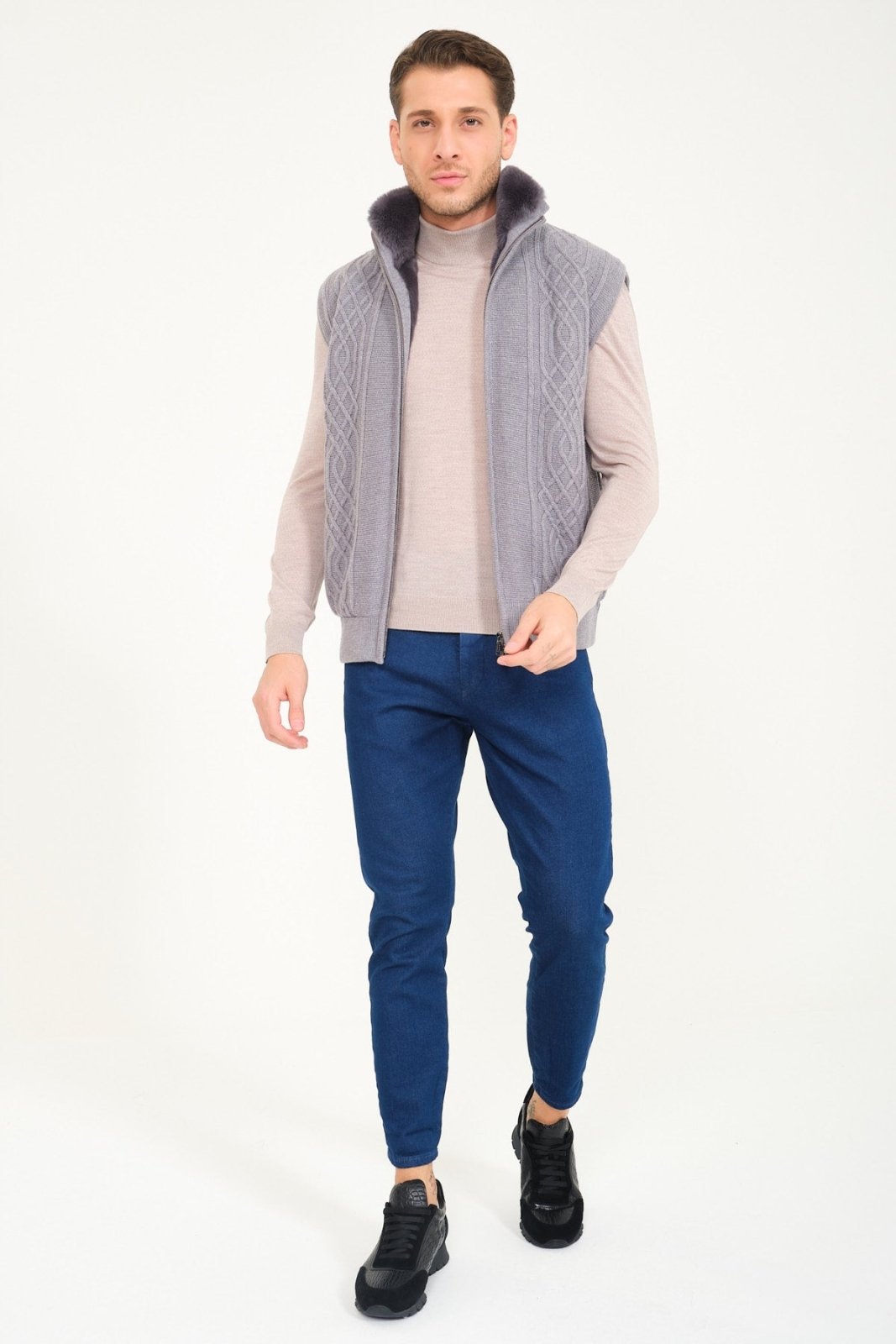 Light Grey Wool & Rex Fur Knit Vest - ADAMO