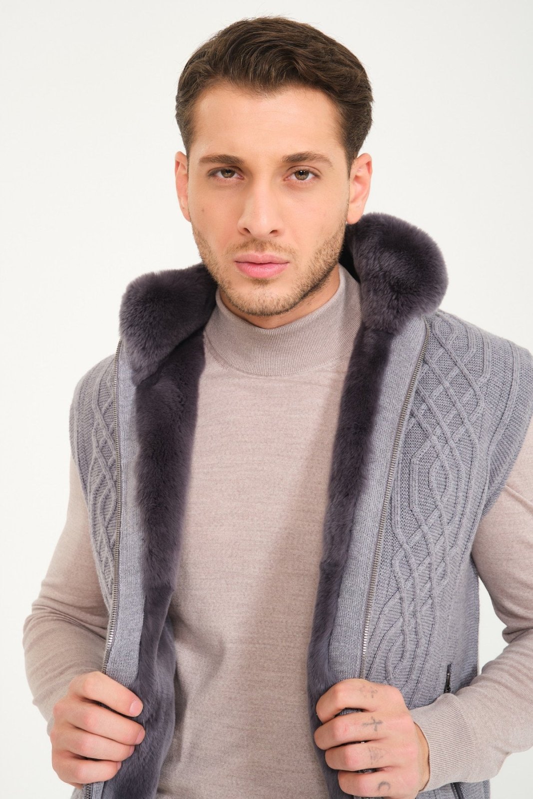 Light Grey Wool & Rex Fur Knit Vest - ADAMO