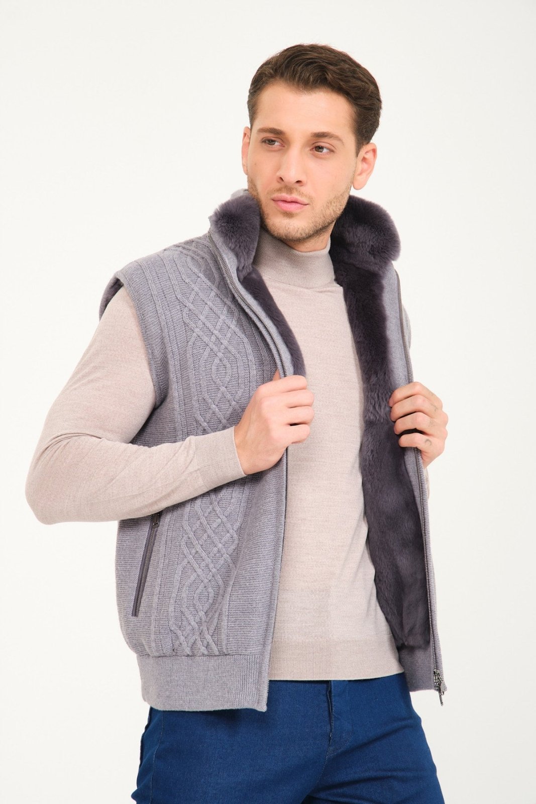 Light Grey Wool & Rex Fur Knit Vest - ADAMO