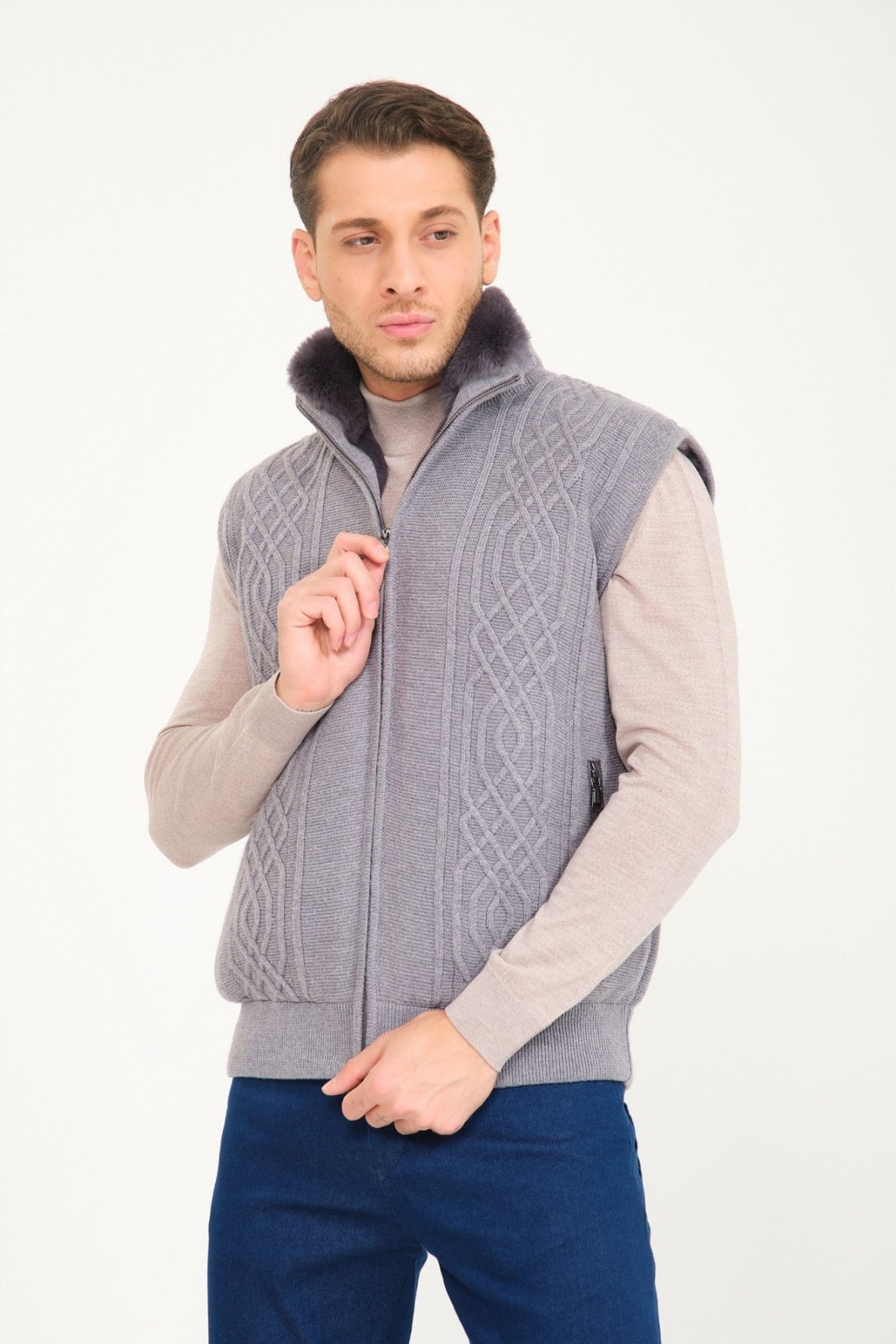 Light Grey Wool & Rex Fur Knit Vest - ADAMO