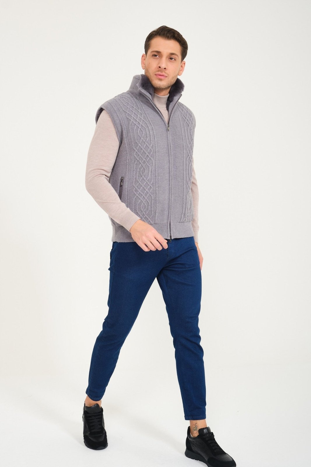 Light Grey Wool & Rex Fur Knit Vest - ADAMO