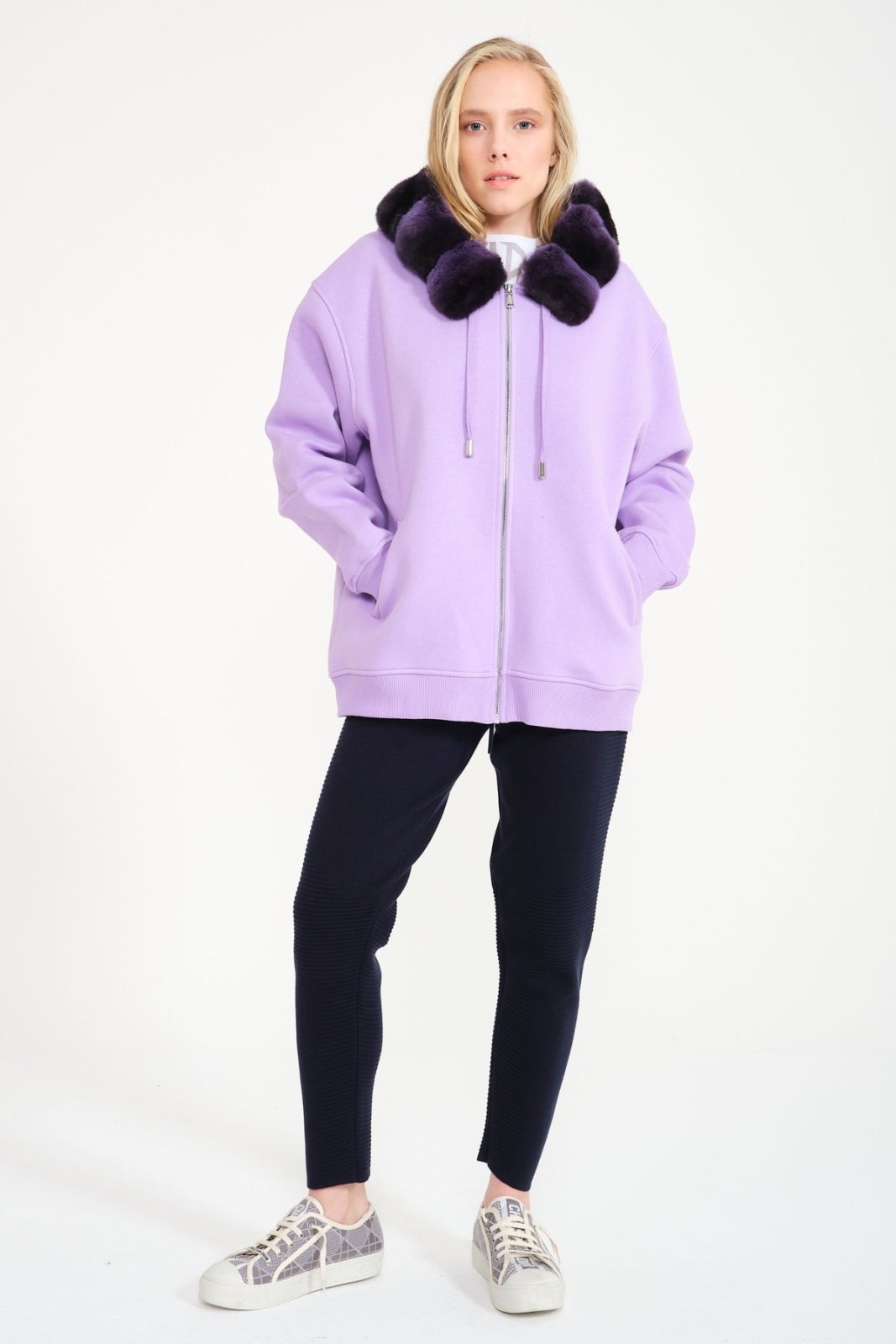 Lilac Chinchilla Fur Lined Zipped Hoodie - ADAMO