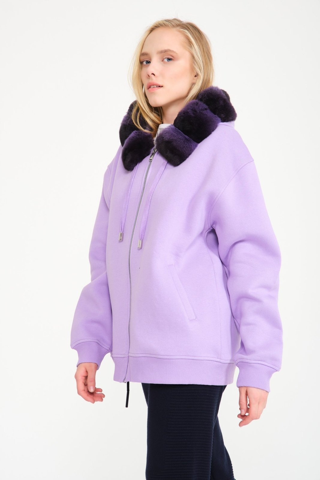 Lilac Chinchilla Fur Lined Zipped Hoodie - ADAMO