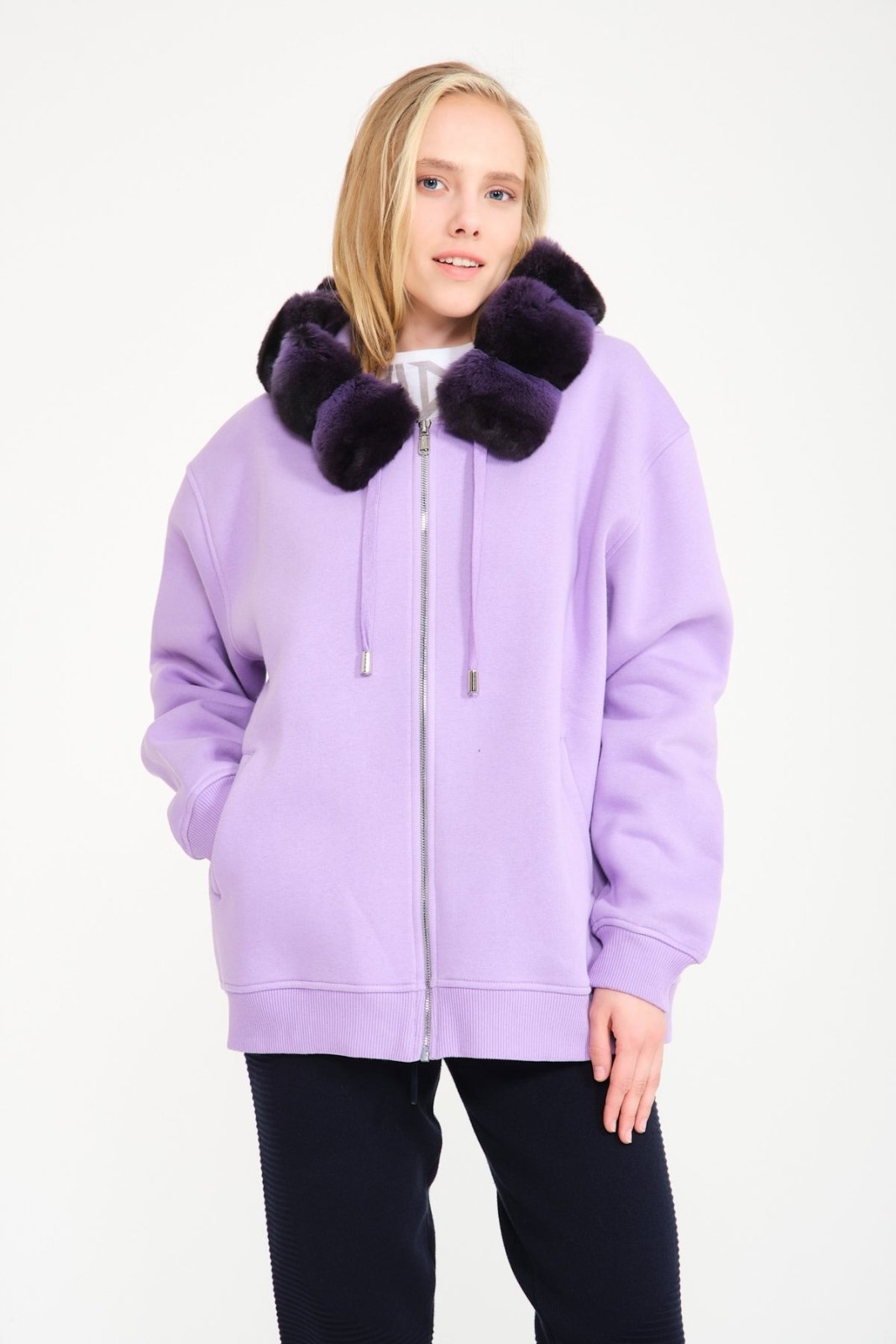 Lilac Chinchilla Fur Lined Zipped Hoodie - ADAMO