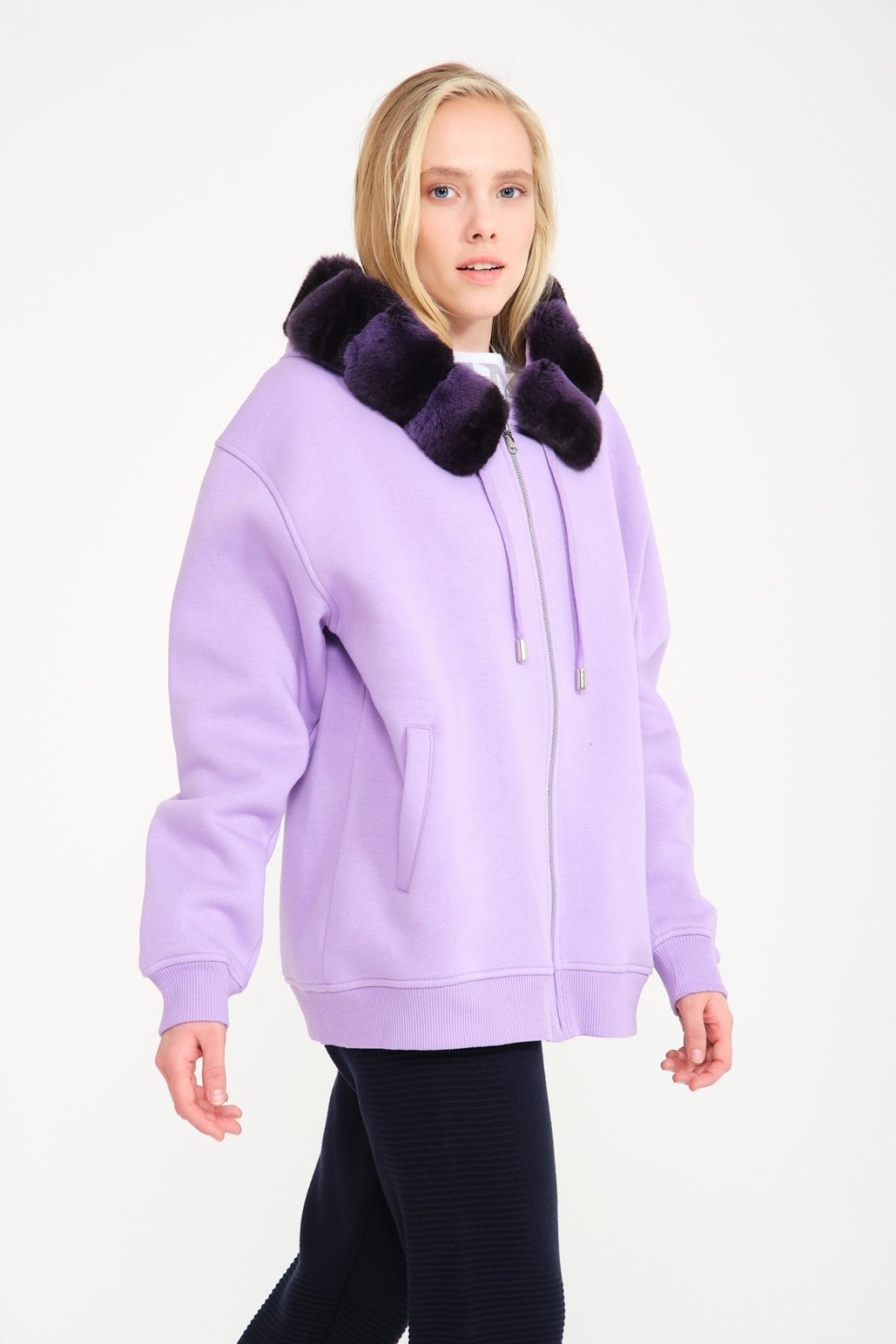 Lilac Chinchilla Fur Lined Zipped Hoodie - ADAMO