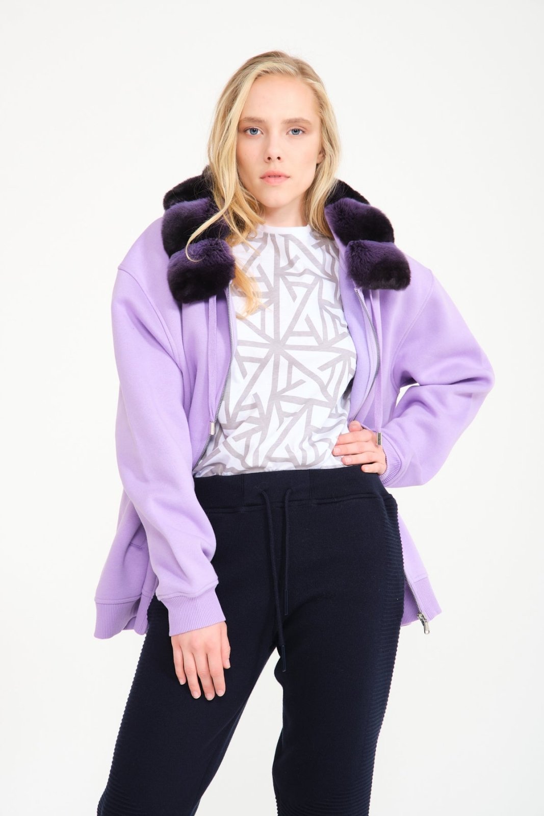 Lilac Chinchilla Fur Lined Zipped Hoodie - ADAMO