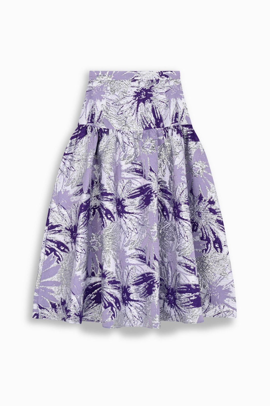 Lilac Floral Brocade Tiered Midi Skirt - ADAMO