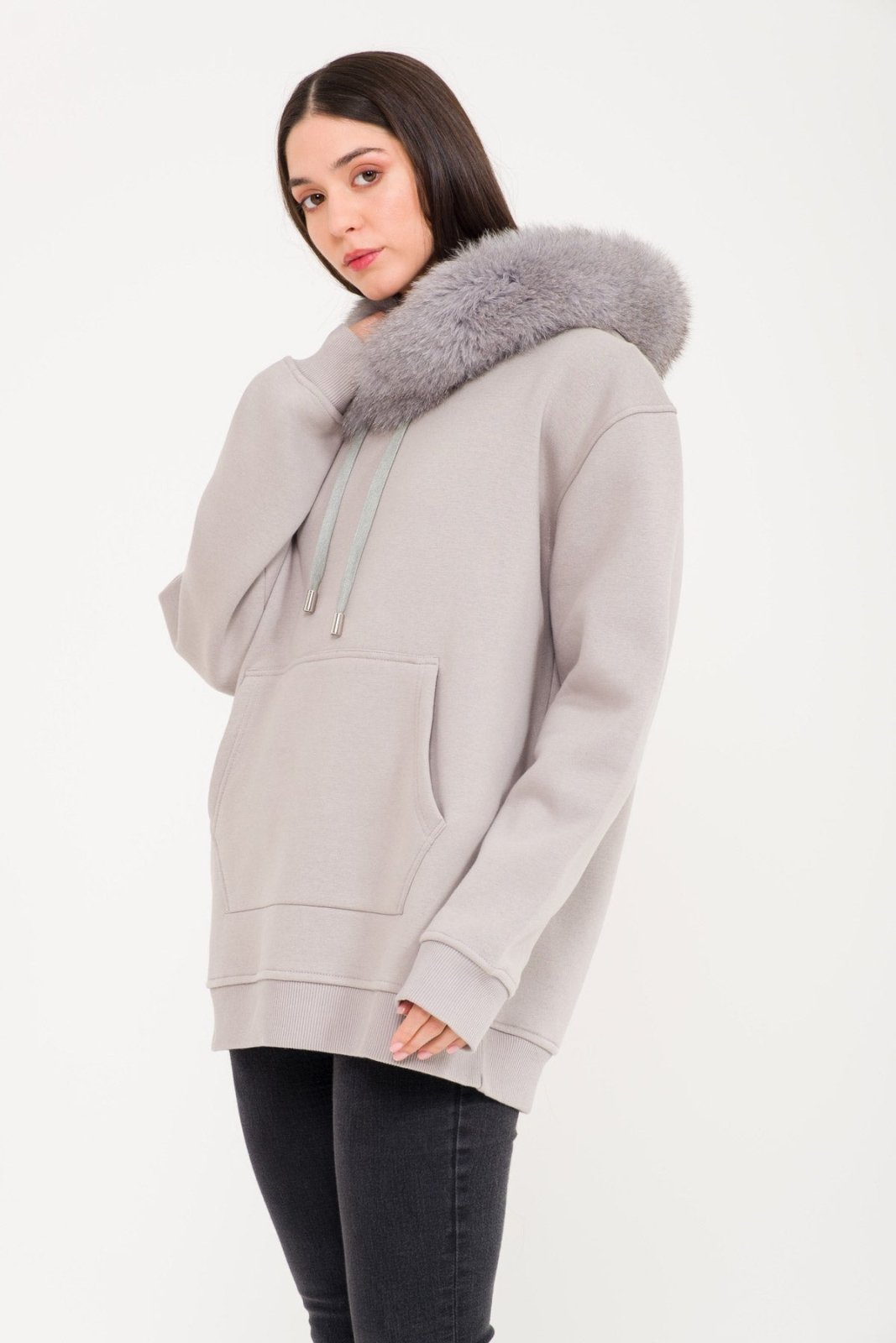 Luxe Cotton Hoodie with Fox Fur Hood - ADAMO